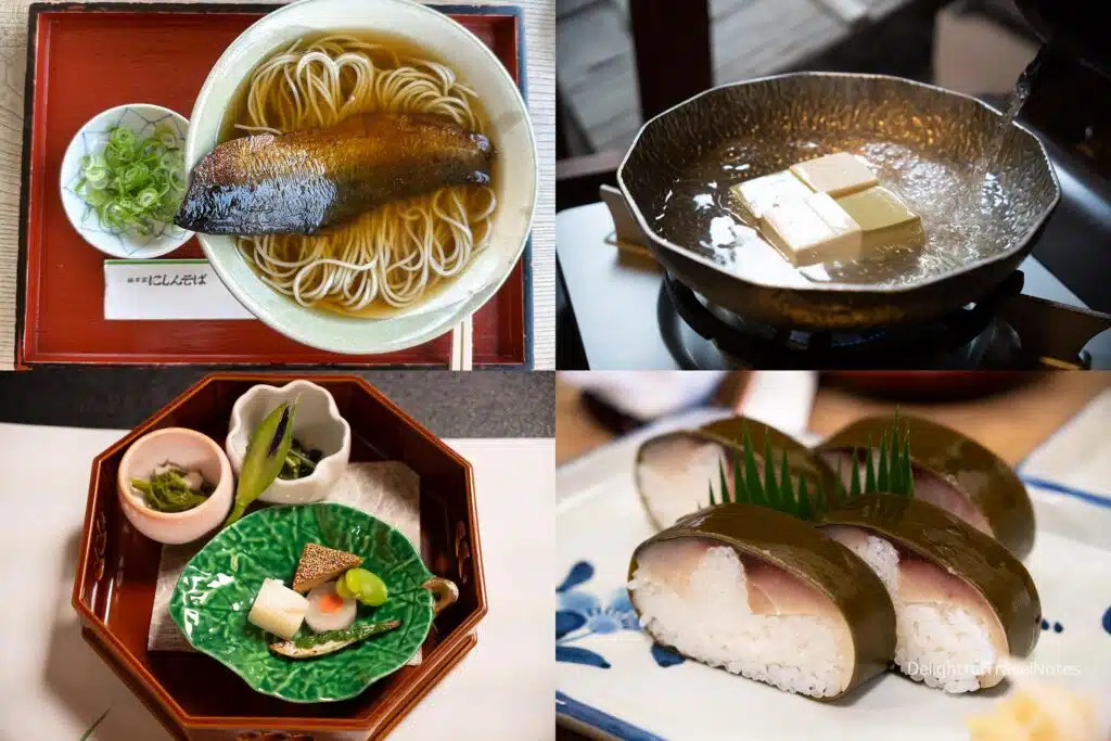 a collage of 4 must try Kyoto foods at local restaurants