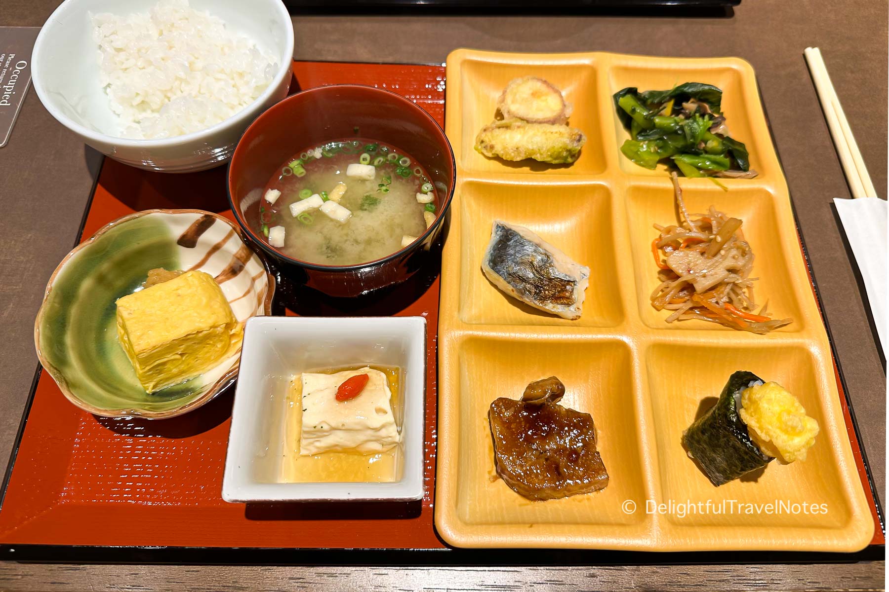 a tray of food from the breakfast buffet at the Celestine Hotel Gion in Kyoto.