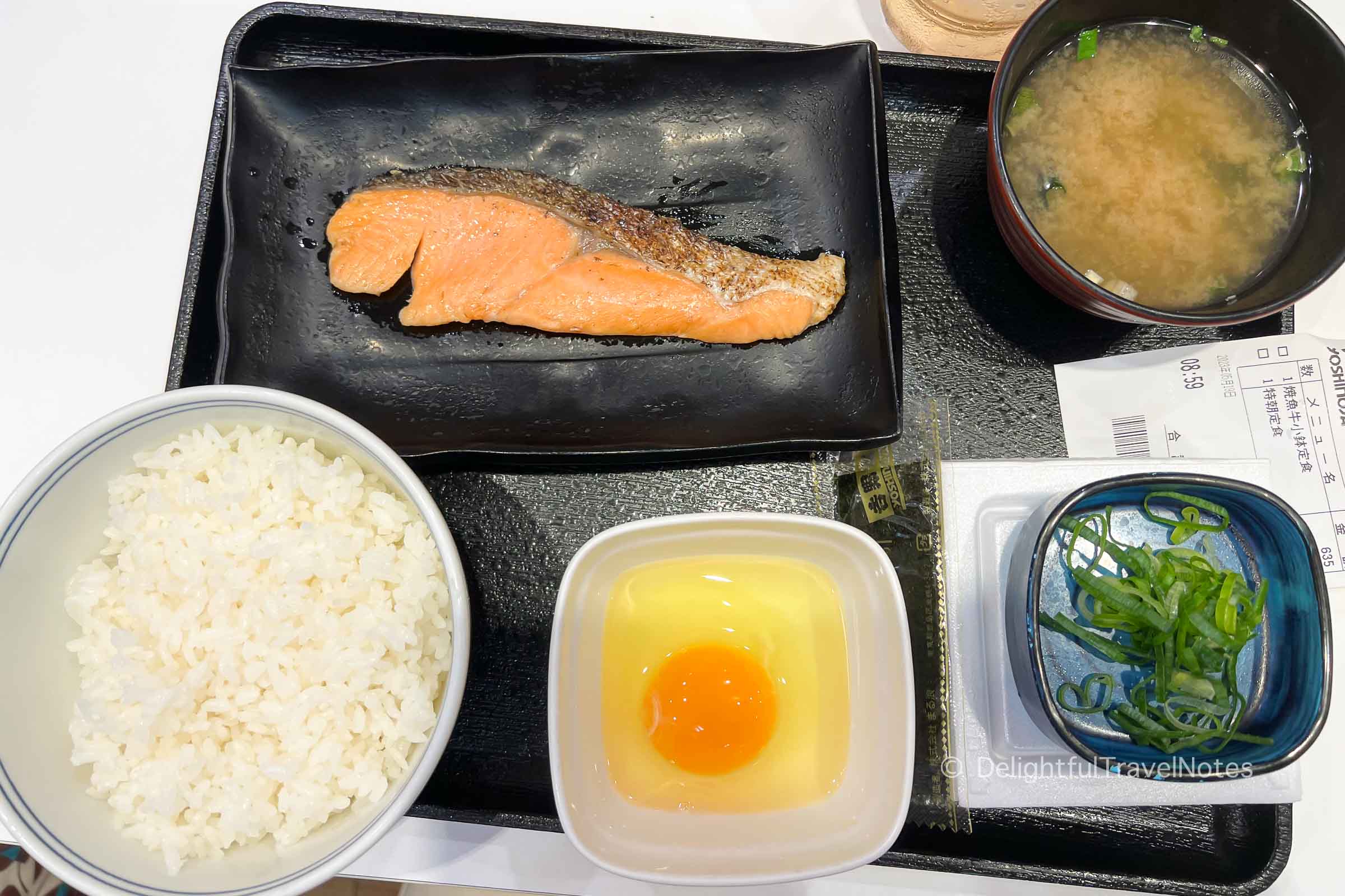 a tray of affordable Japanese breakfast set meal at Yoshinoya in Tokyo.