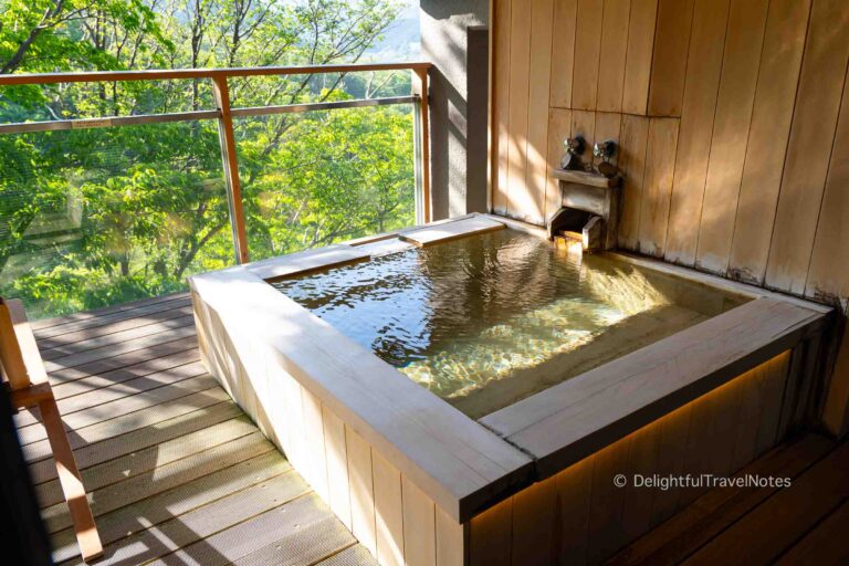a private onsen tub on the deck at Madoka no Mori Hakone ryokan