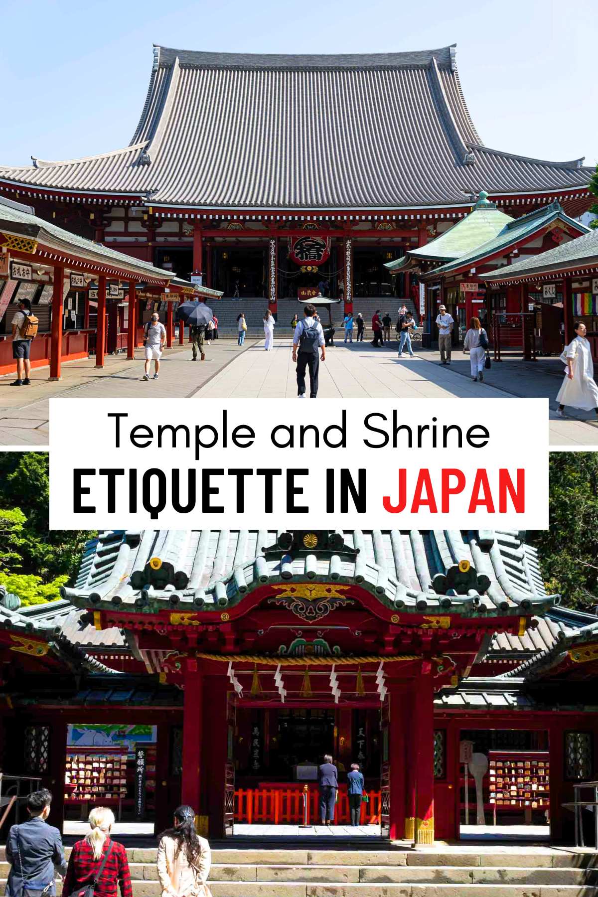 a Pinterest collage of Senso-ji temple in the morning in Tokyo, Japan.