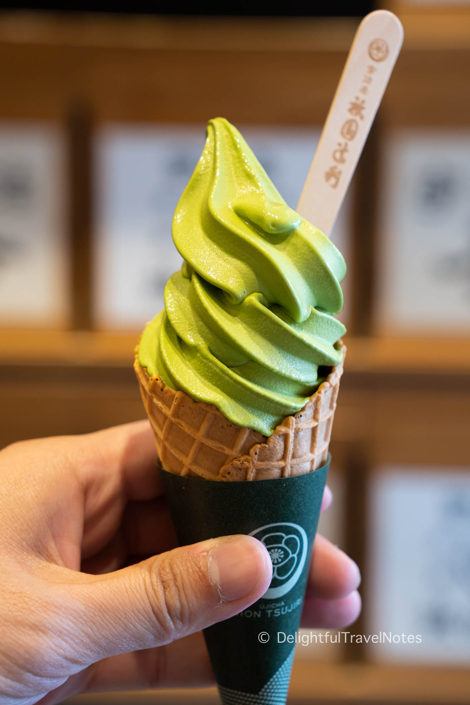 a matcha soft serve cone at Tsujiri, a popular matcha tea shop in Kyoto.