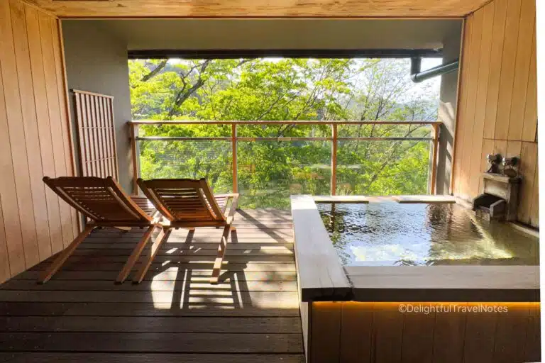 a private onsen on the balcony at Madoka no Mori ryokan in Hakone