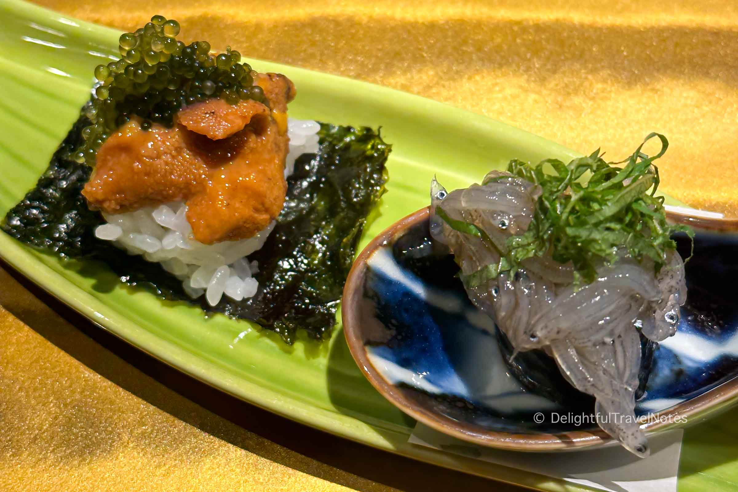 a small plate of sushi in the kaiseki dinner at Madoka no Mori ryokan in Hakone