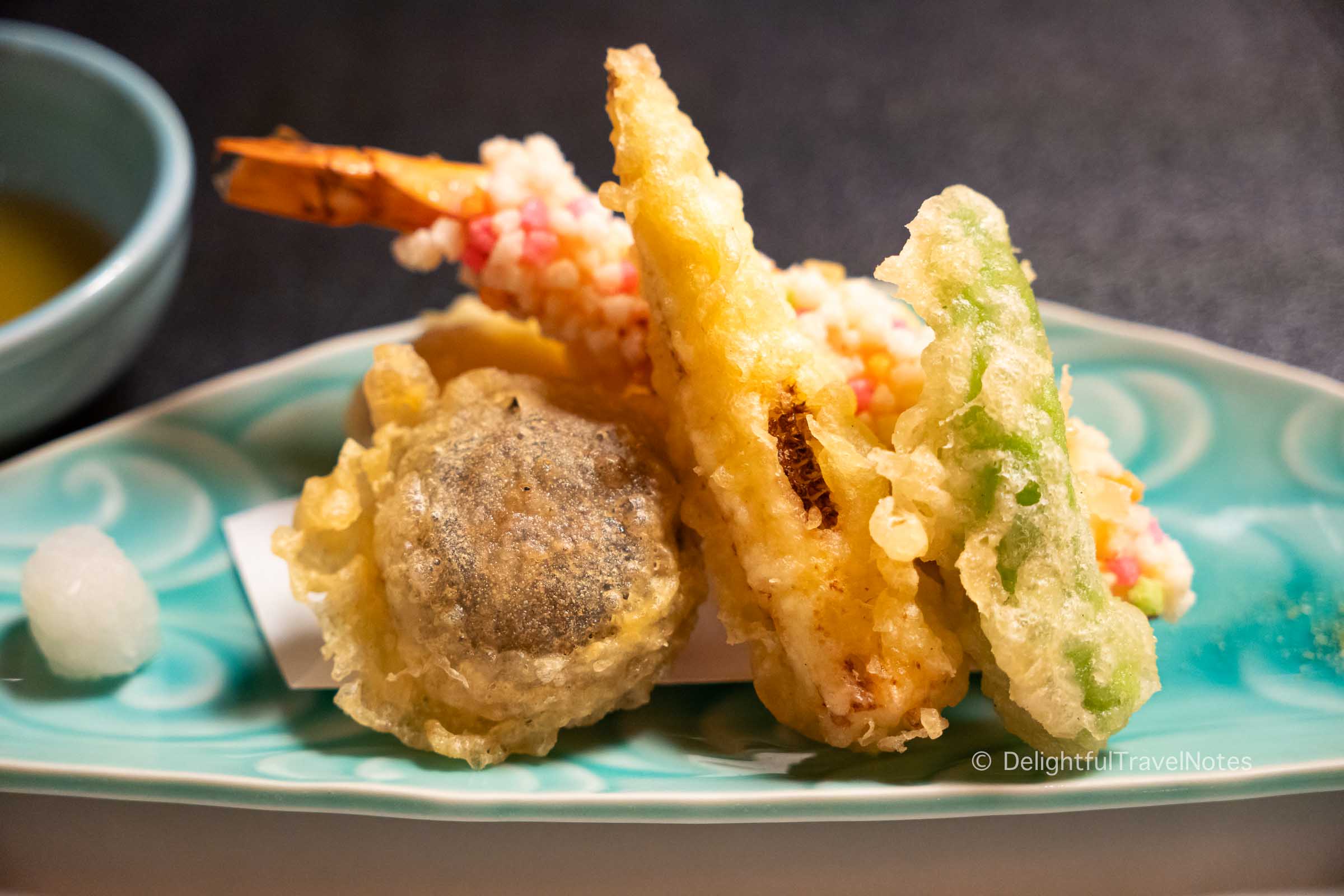 a tempura platter in the seventh course at Hanasaki Manjiro restaurant in Kyoto