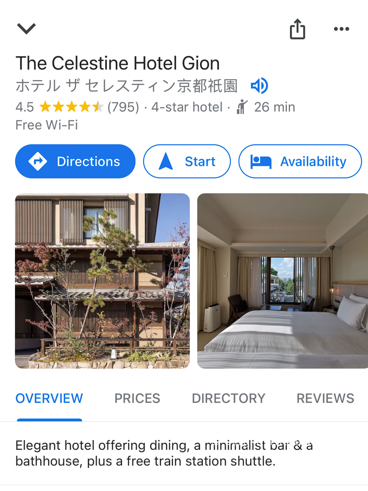 screenshot of the Celestine Hotel Gion on Google 