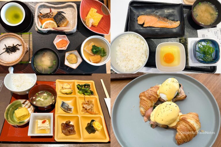 a collage of breakfast options in Japan