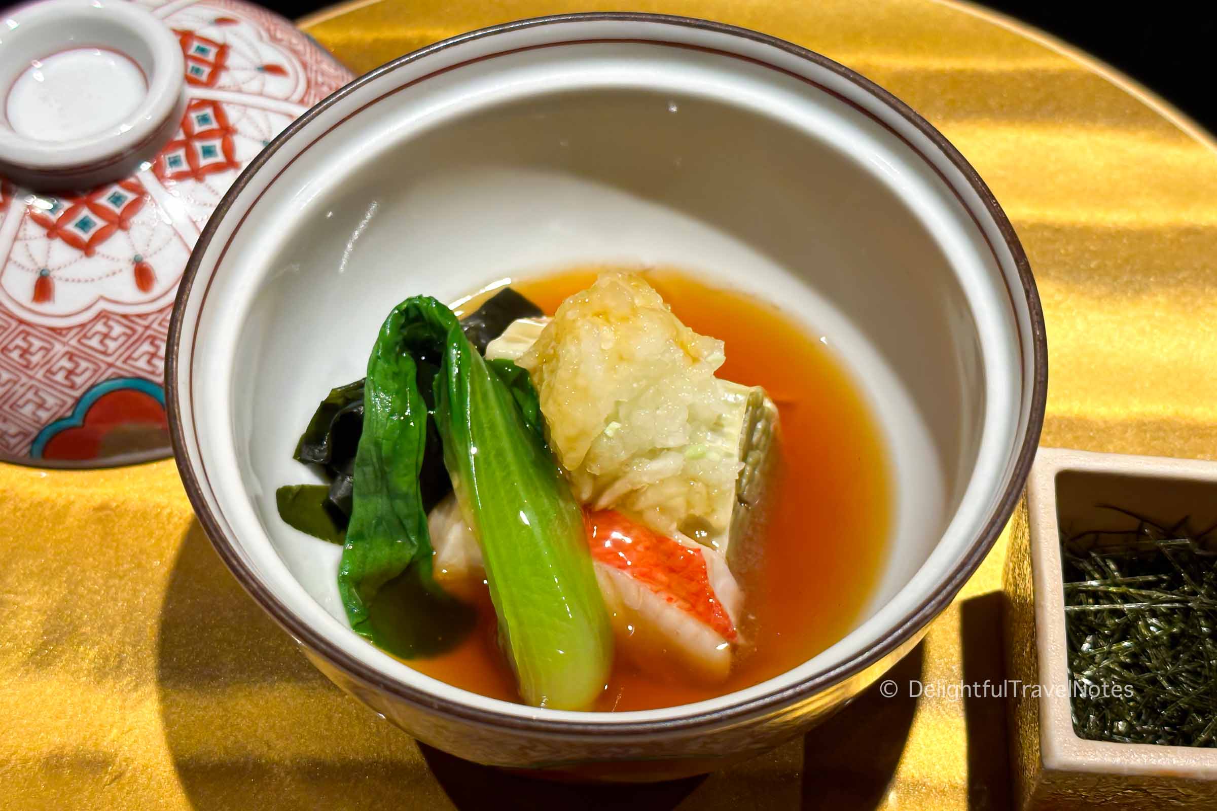 a bowl of soba wrapped in yuba in kaiseki dinner at Madoka no Mori ryokan in  Hakone