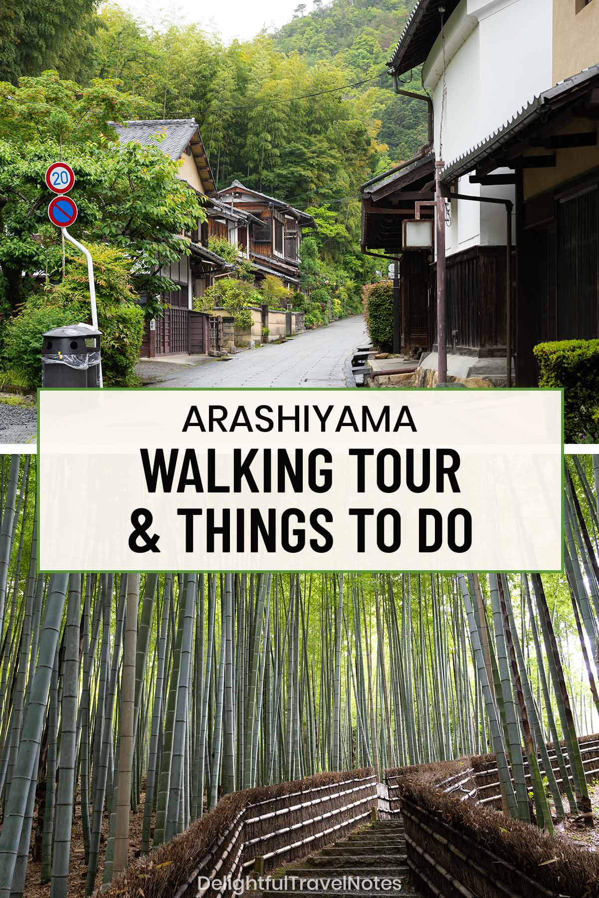 collage of sceneries on the less crowded self-guided walking tour in Arashiyama, Kyoto.
