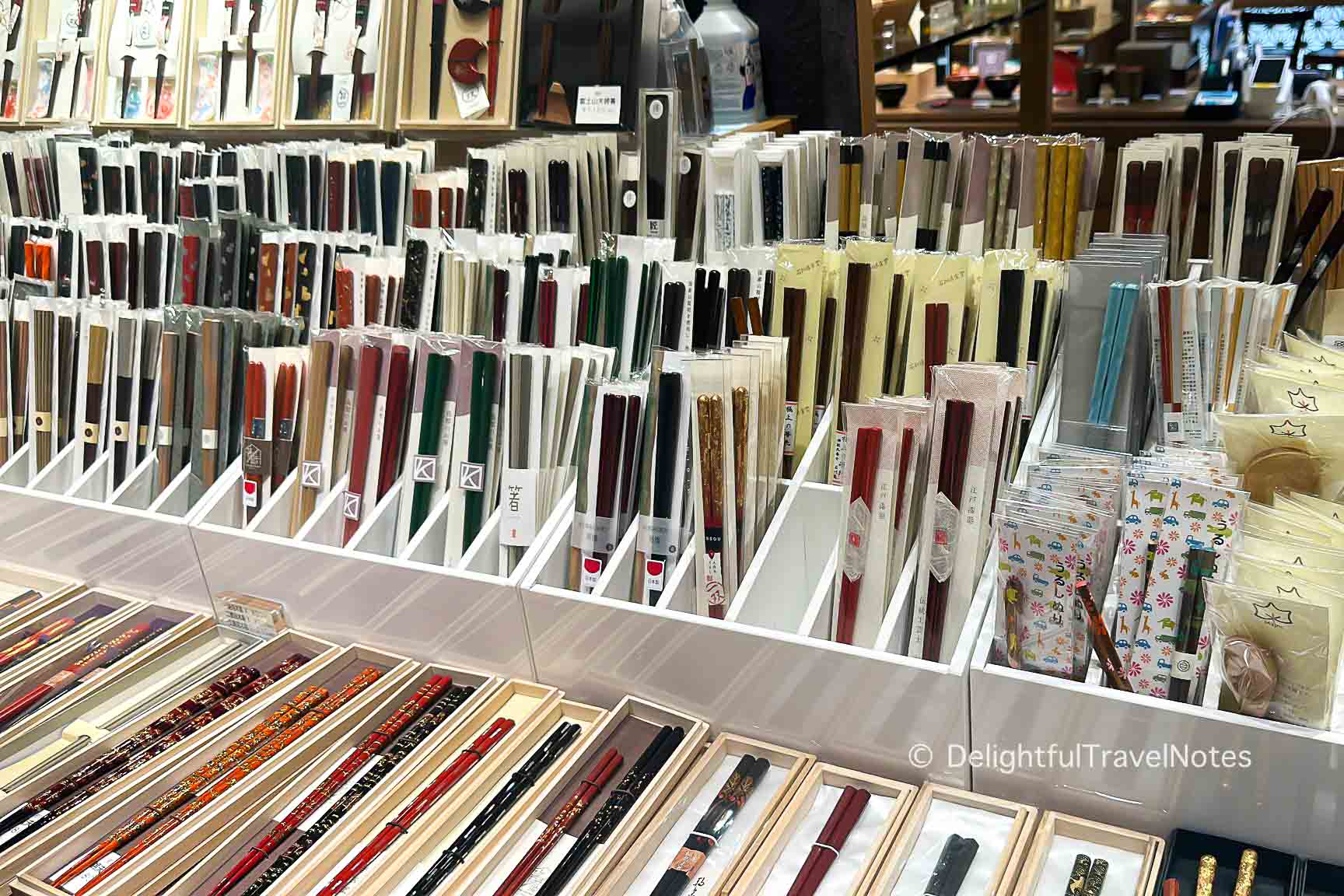 shelves of Japanese chopsticks in a department store.