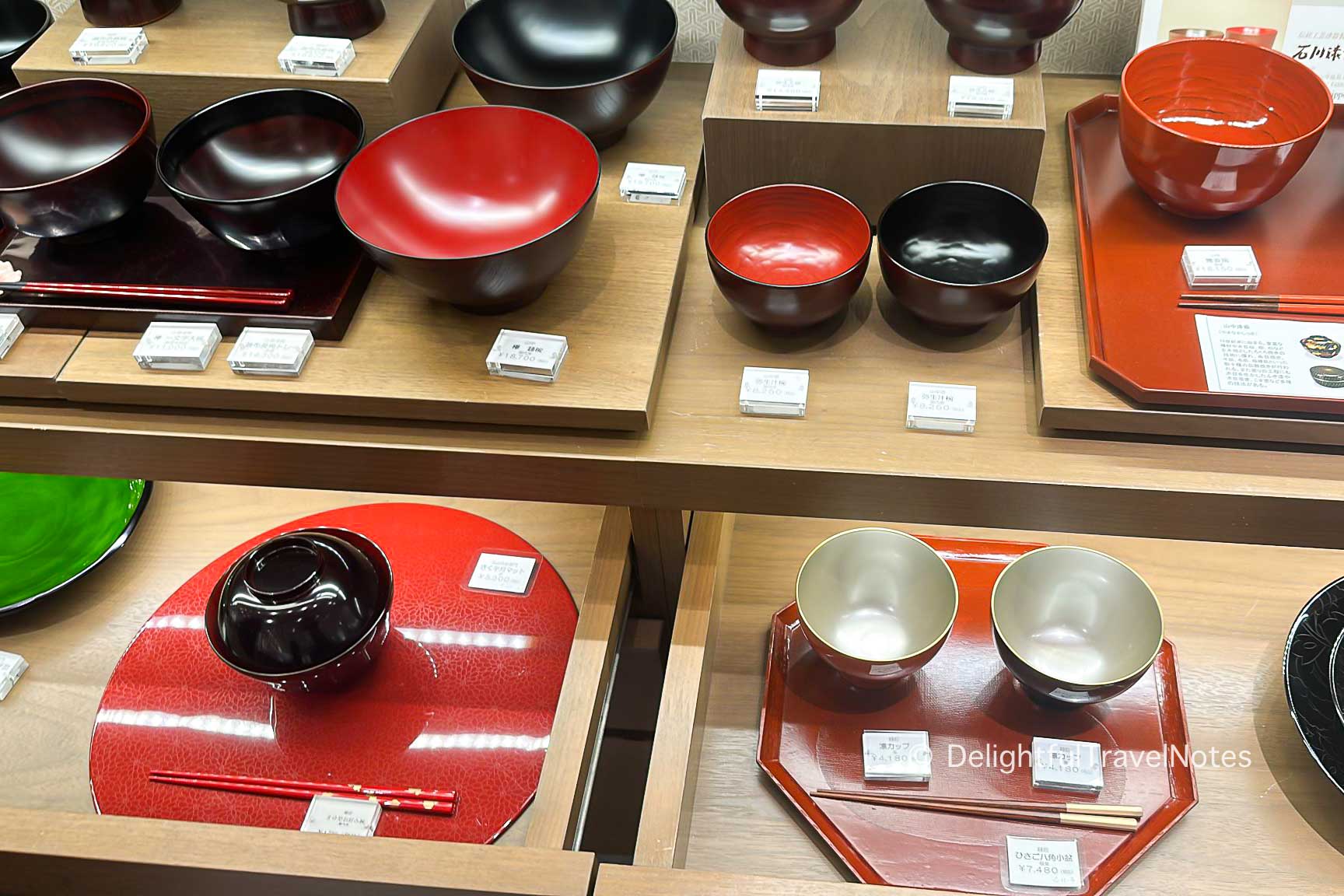 shelves of Japanese lacquerware on display at Mitsukoshi department store.