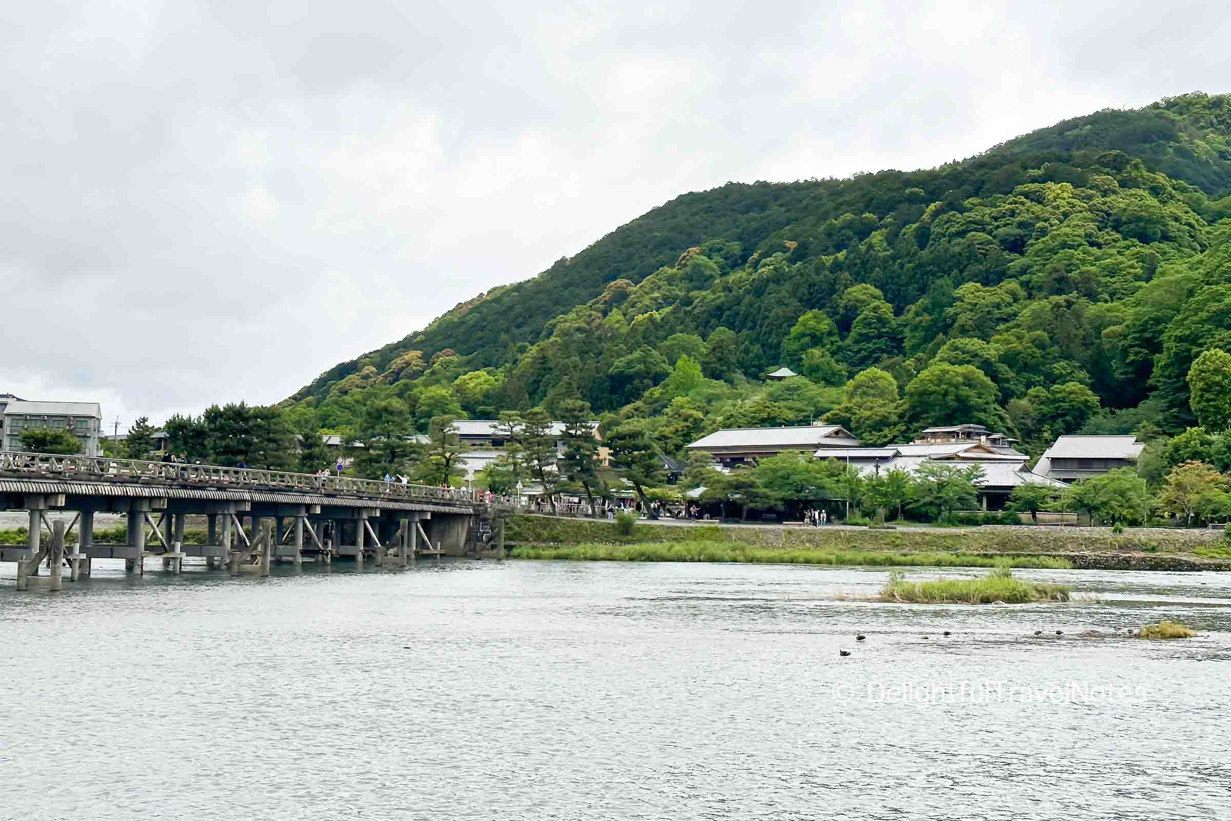 view of Katsura river and Togetsukyo bridge, an iconic thing to see in Arashiyama Kyoto.