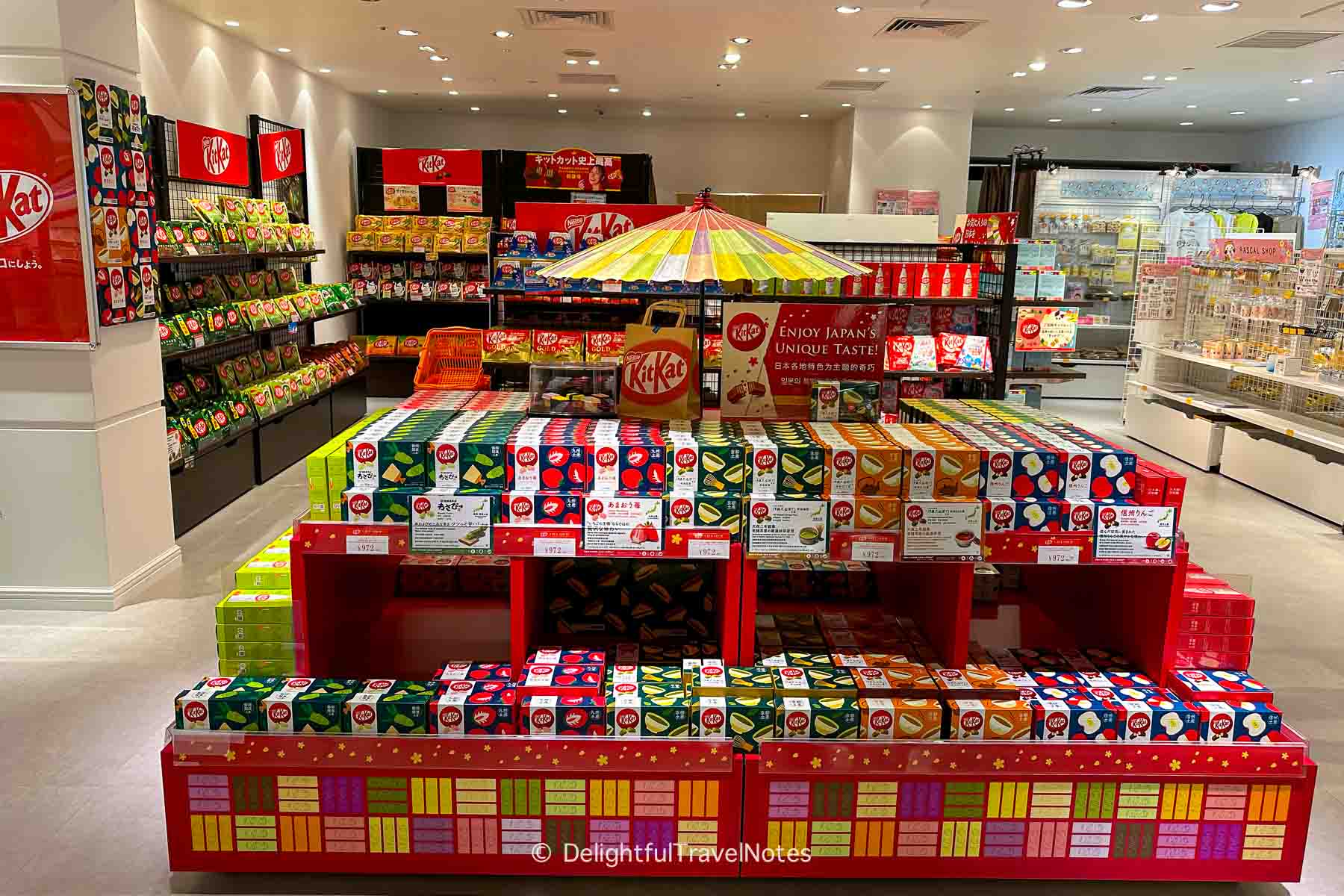 a KitKat store in Umeda Osaka, displaying boxes of different flavors, an excellent souvenir to bring home from Japan.