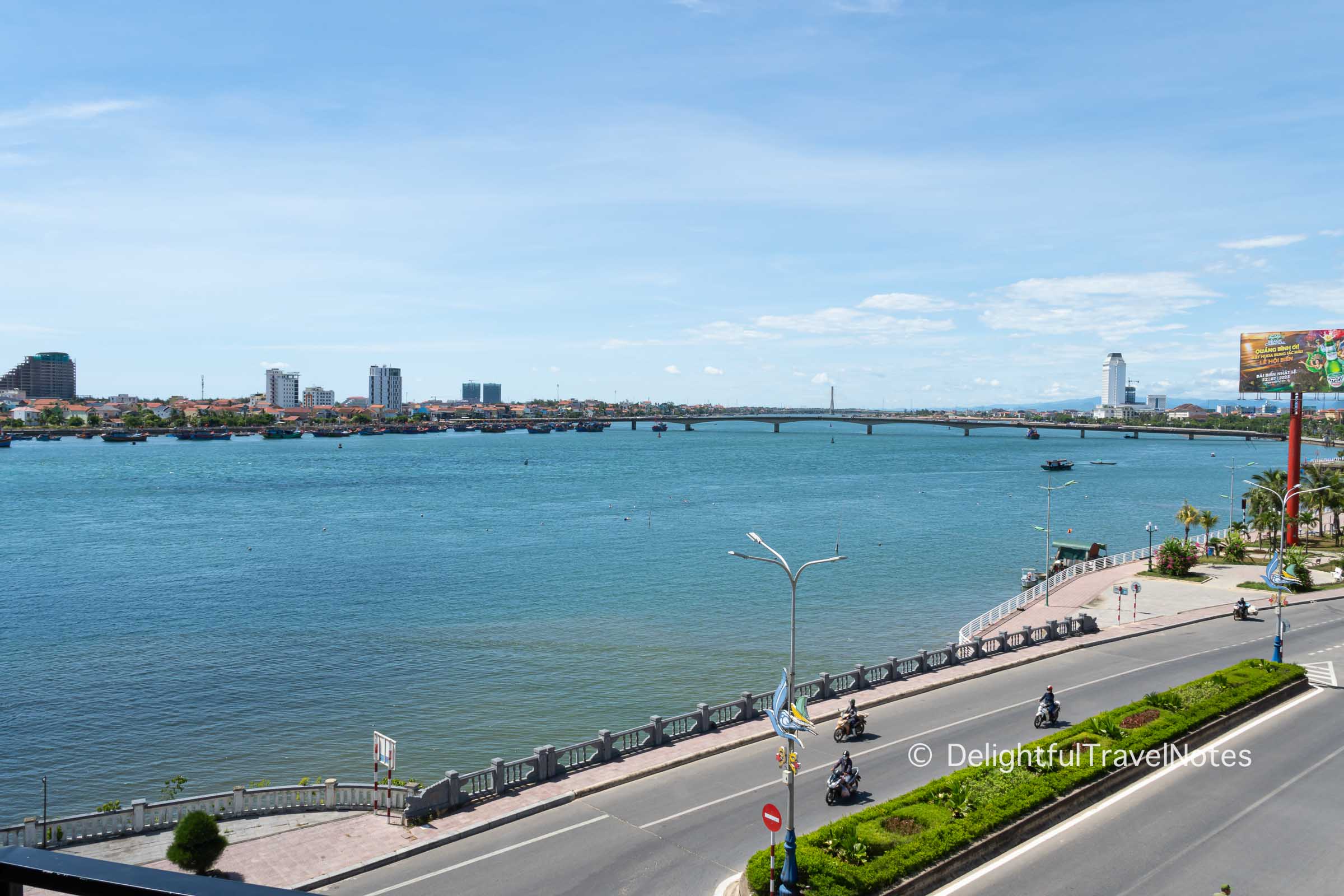View of Nhat Le river and Nhat Le bridge in Dong Hoi city, Quang Binh province.
