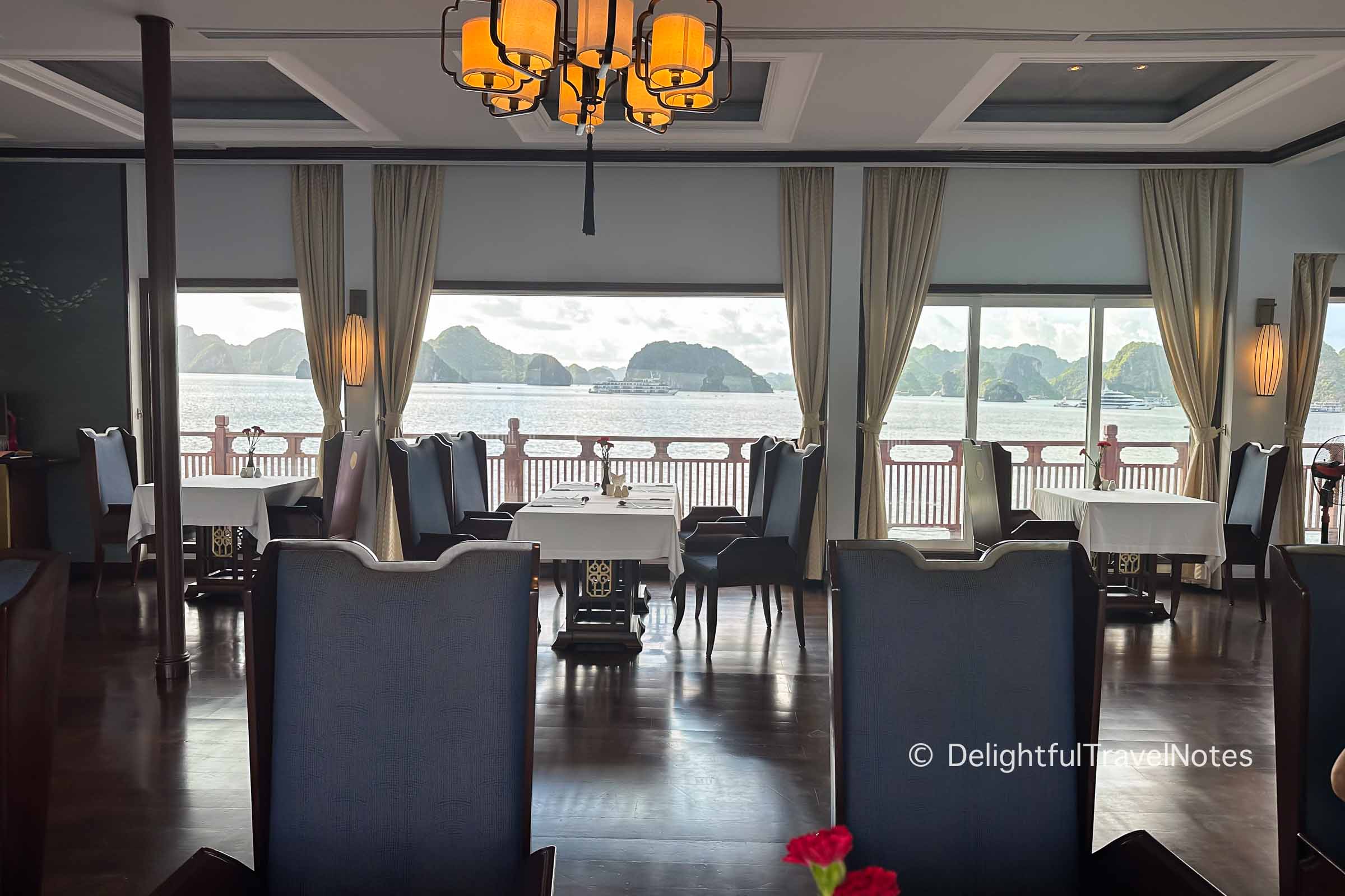 Dining room on Ginger cruise with view of Lan Ha Bay.