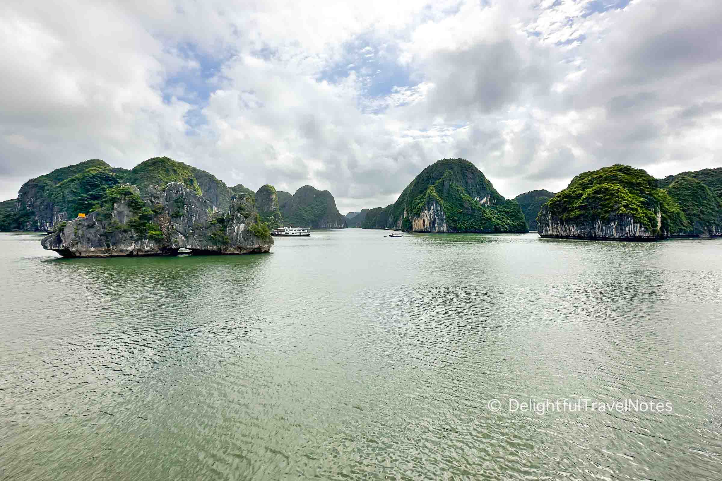 Limestone karst islands over water in Lan Ha Bay.