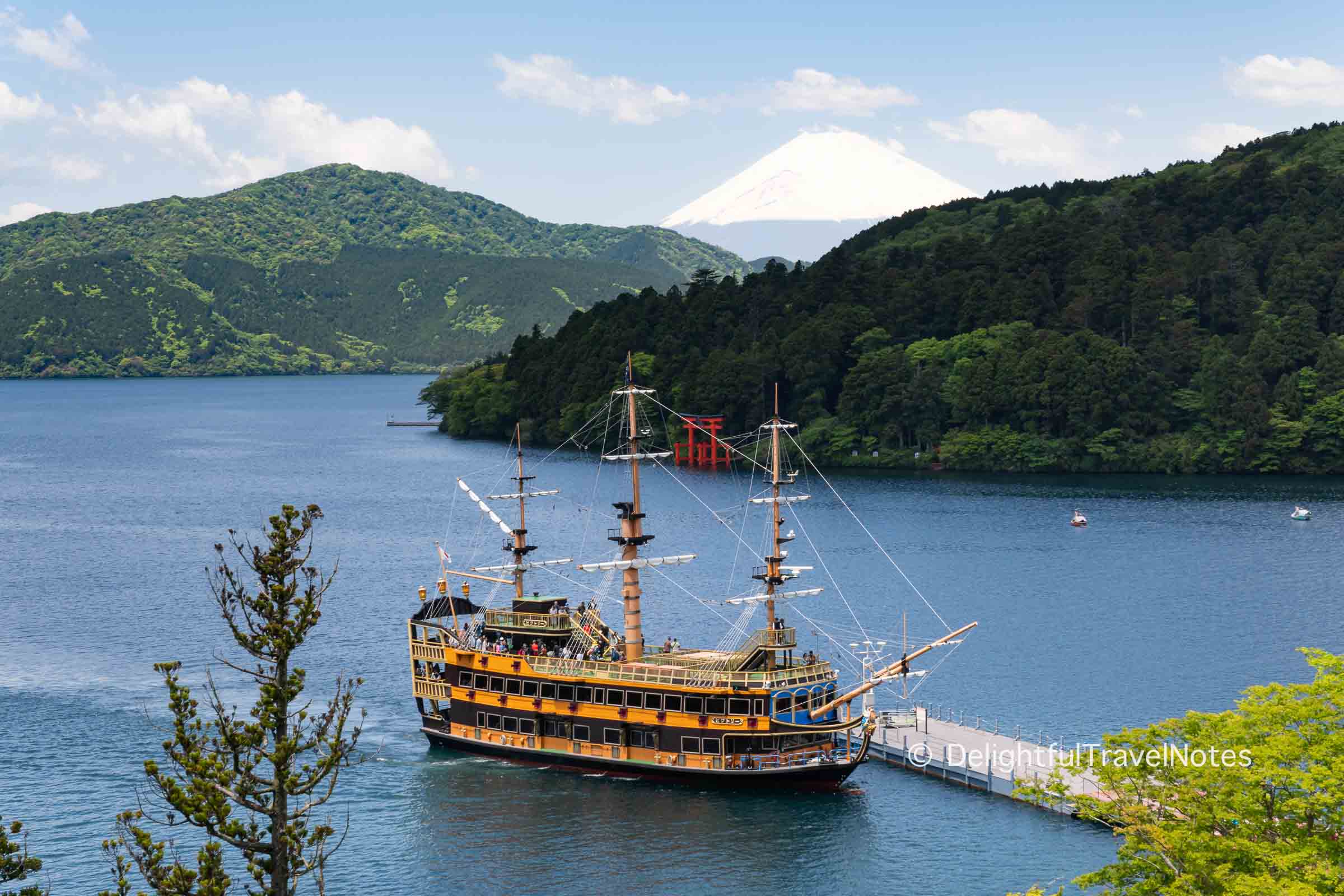 Pirate Ship on Lake Ashi with Mount Fuji backdrop in Hakone.