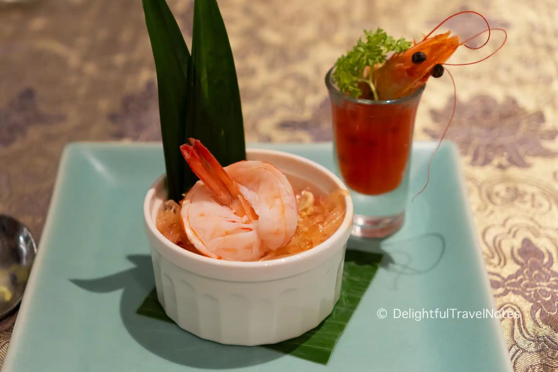 a bowl of pomelo salad with shrimp for dinner on the cruise.