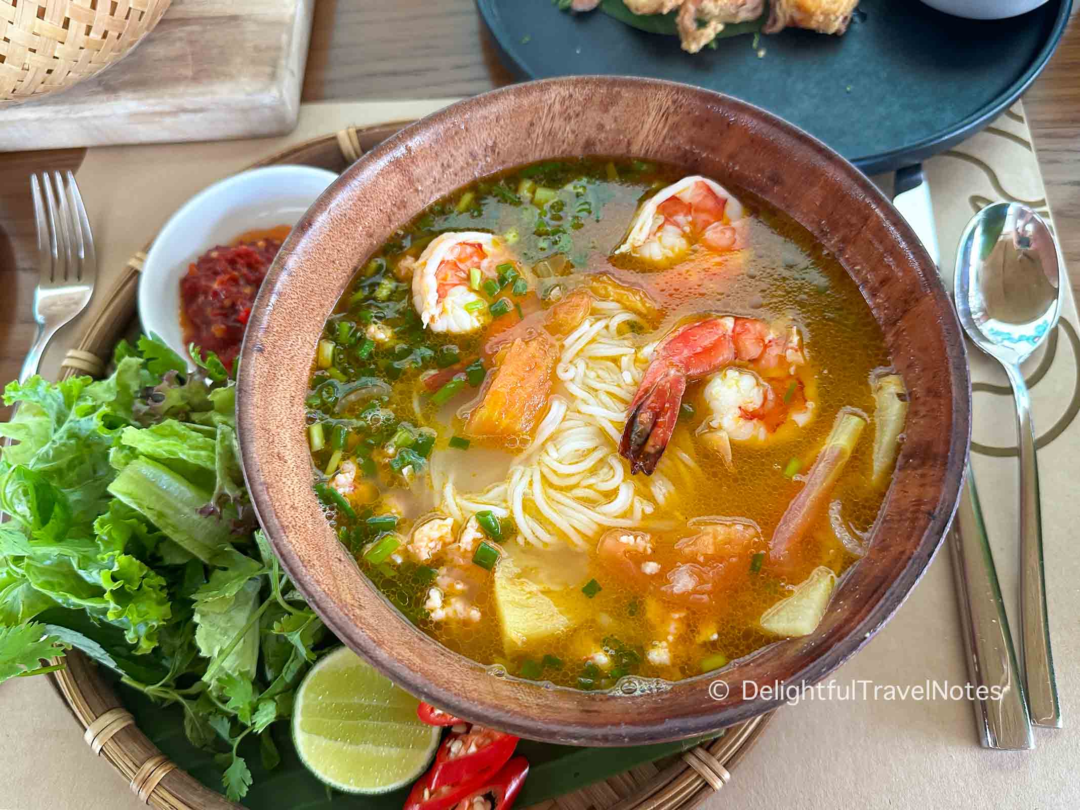 a bowl of shrimp noodle soup at Maia Quy Nhon's restaurant.