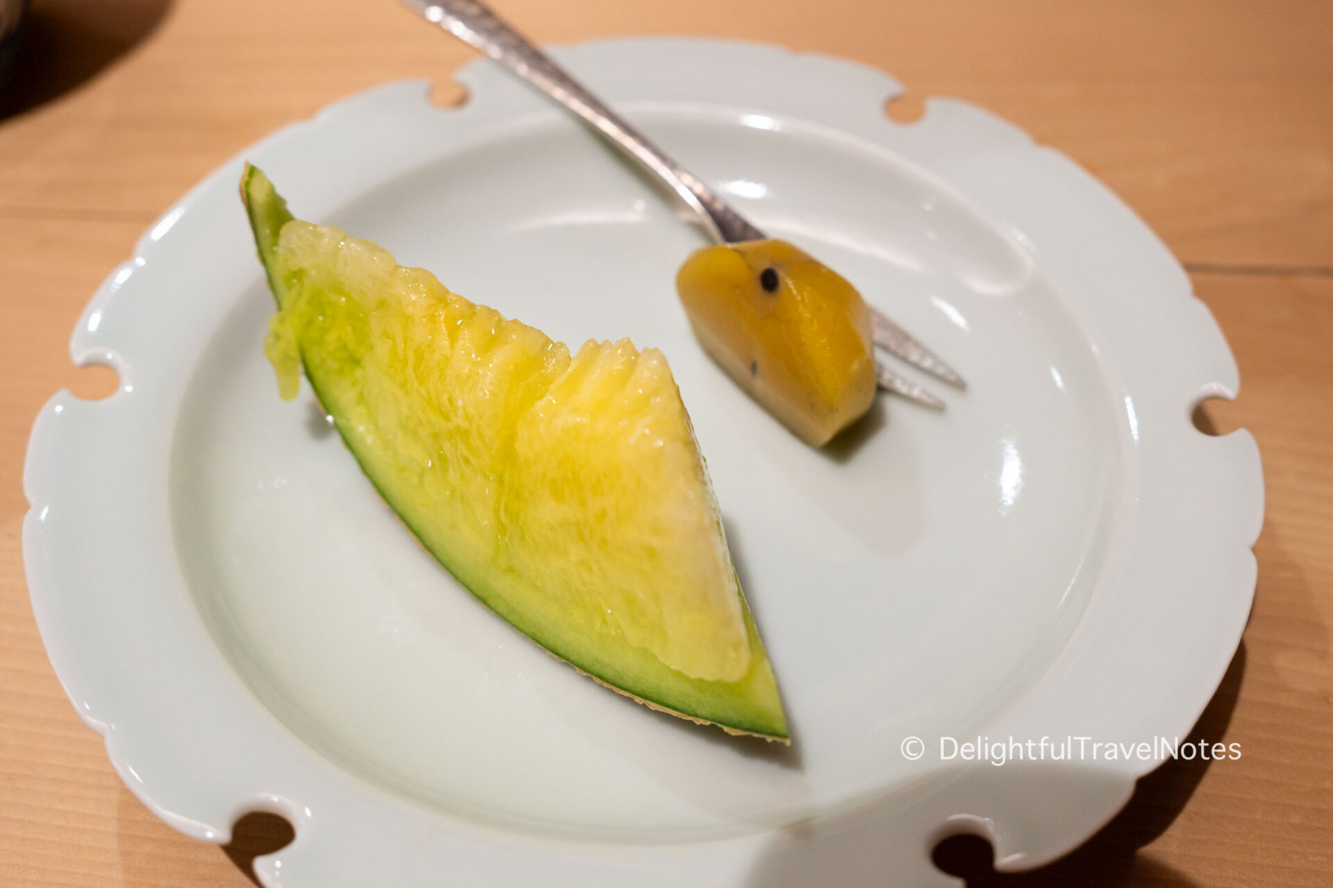 a plate with Japanese melon and chestnut for dessert at Hassun restaurant in Kyoto.