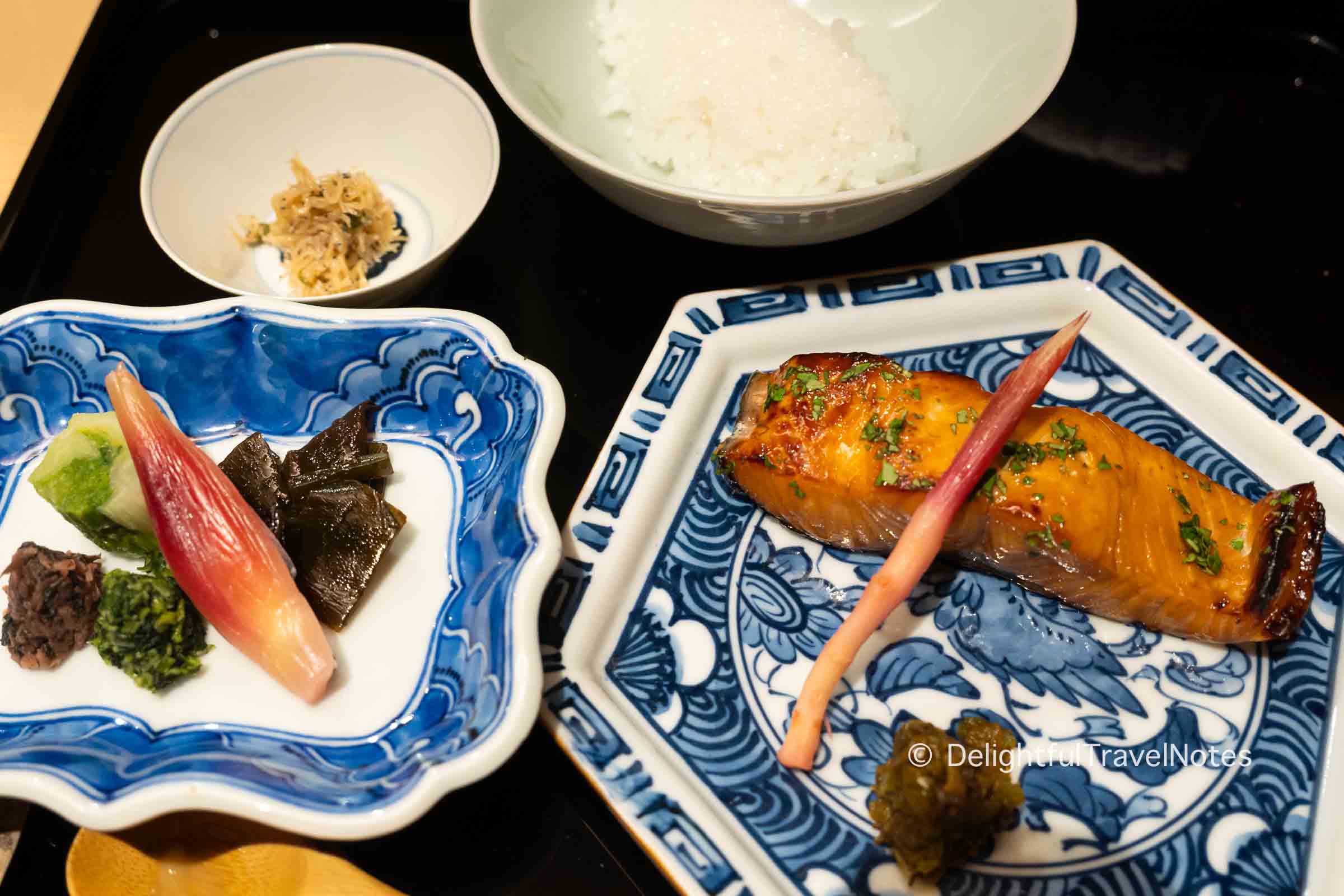 salt grilled trout served with rice and pickles at Hassun restaurant in Kyoto.