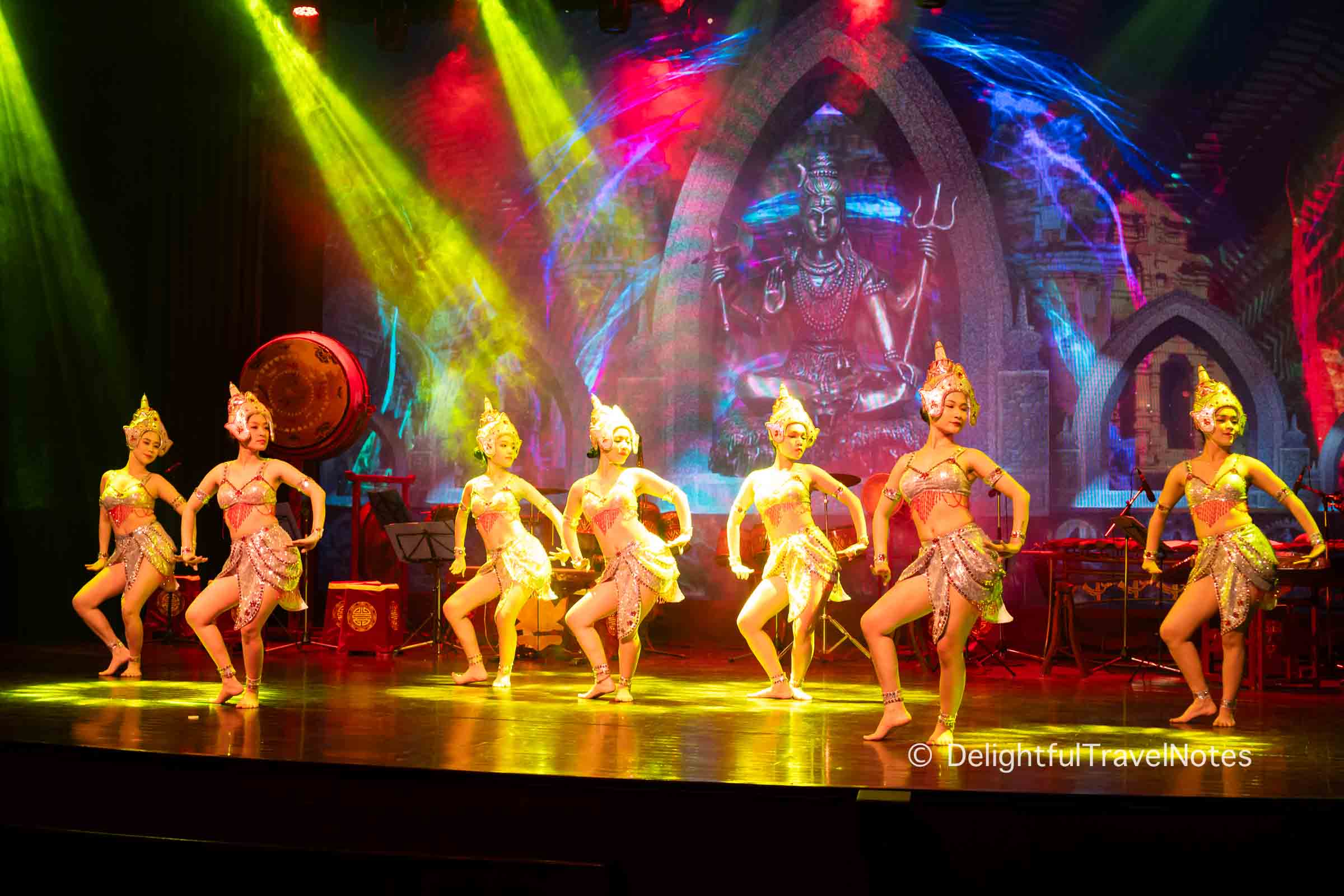 dancers performing a Champa dance on the stage at Nguyen Hien Dinh Theater in Da Nang.