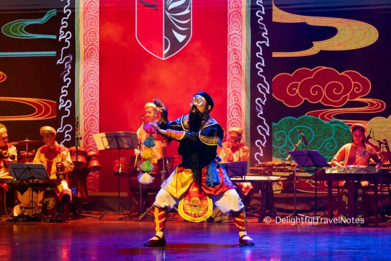 an actor performing in a tuồng act on the stage at Nguyen Hien Dinh Theater.