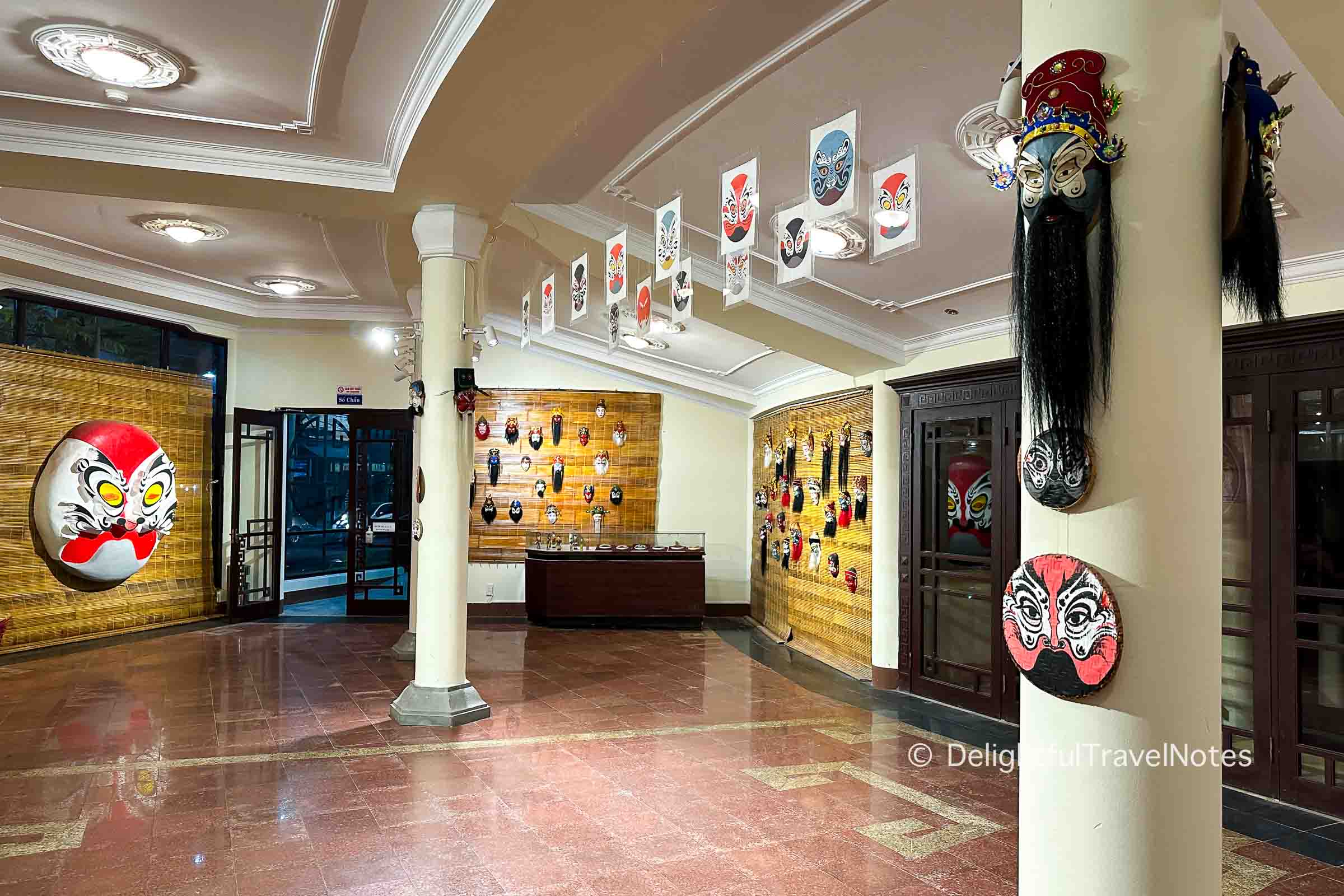 Tuồng masks displayed on ground floor of Nguyen Hien Dinh Theater.