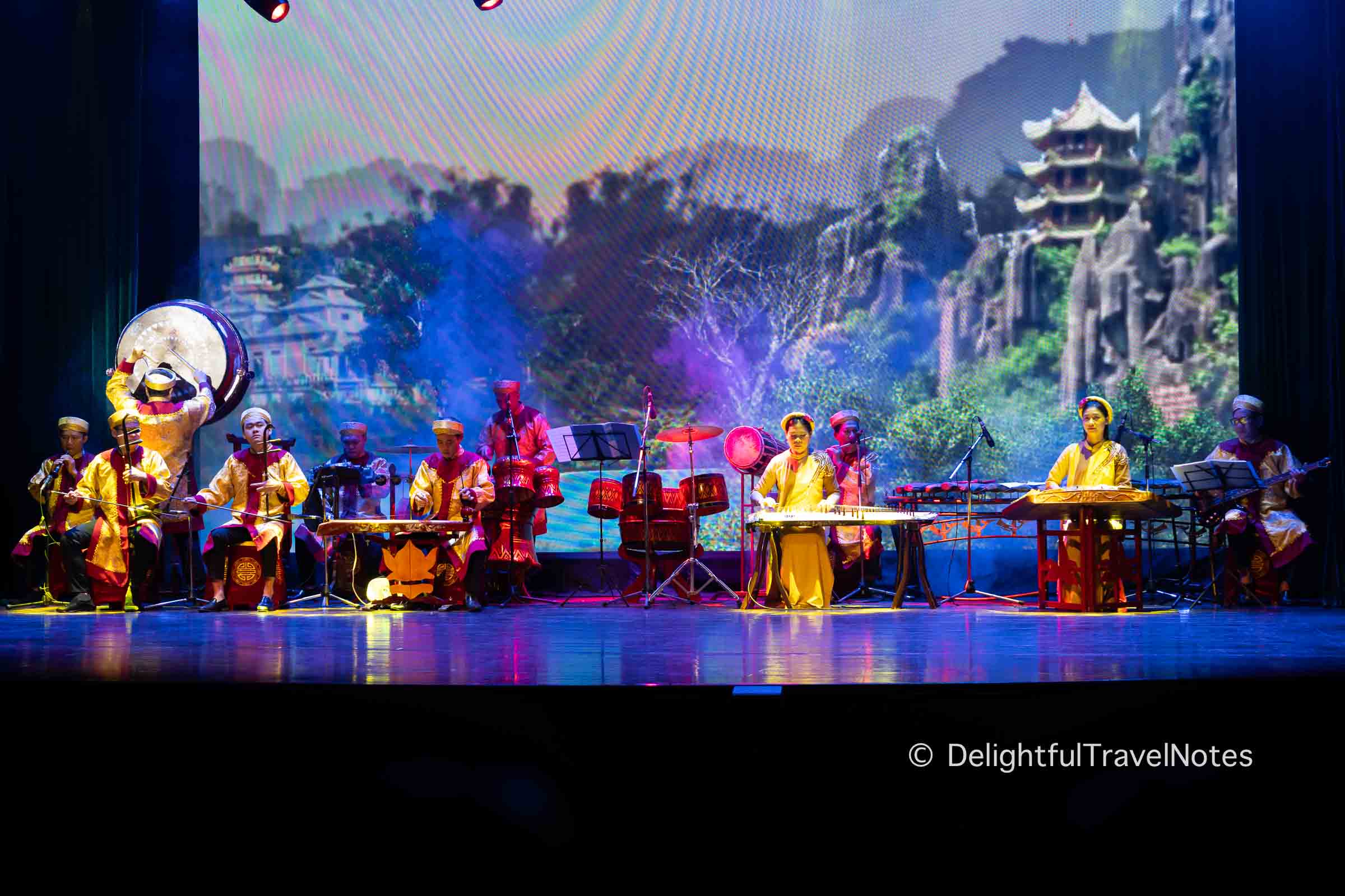 Traditional orchestra on stage at Nguyen Hien Dinh Classical Drama Theater in Da Nang, Vietnam.