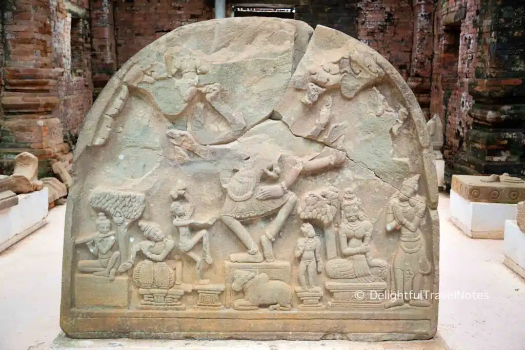 Tympanum of C1 kalan temple displayed inside D1 mandapa at My Son Sanctuary in Vietnam.