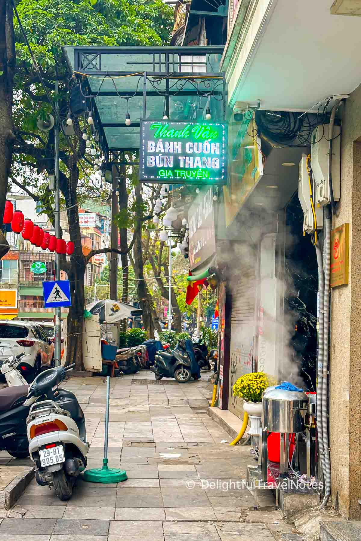 the front of Banh Cuon Thanh Van, one of the best street food restaurants in Hanoi.