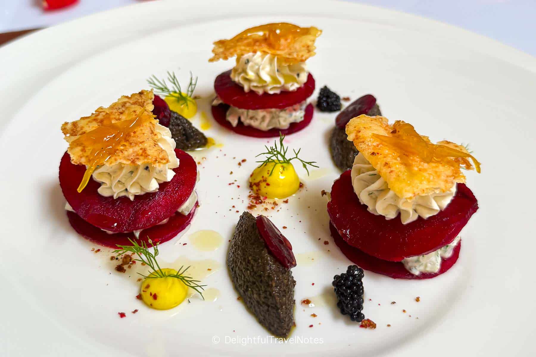 a plate of beetroot appetizer at La Badiane restaurant in Hanoi.