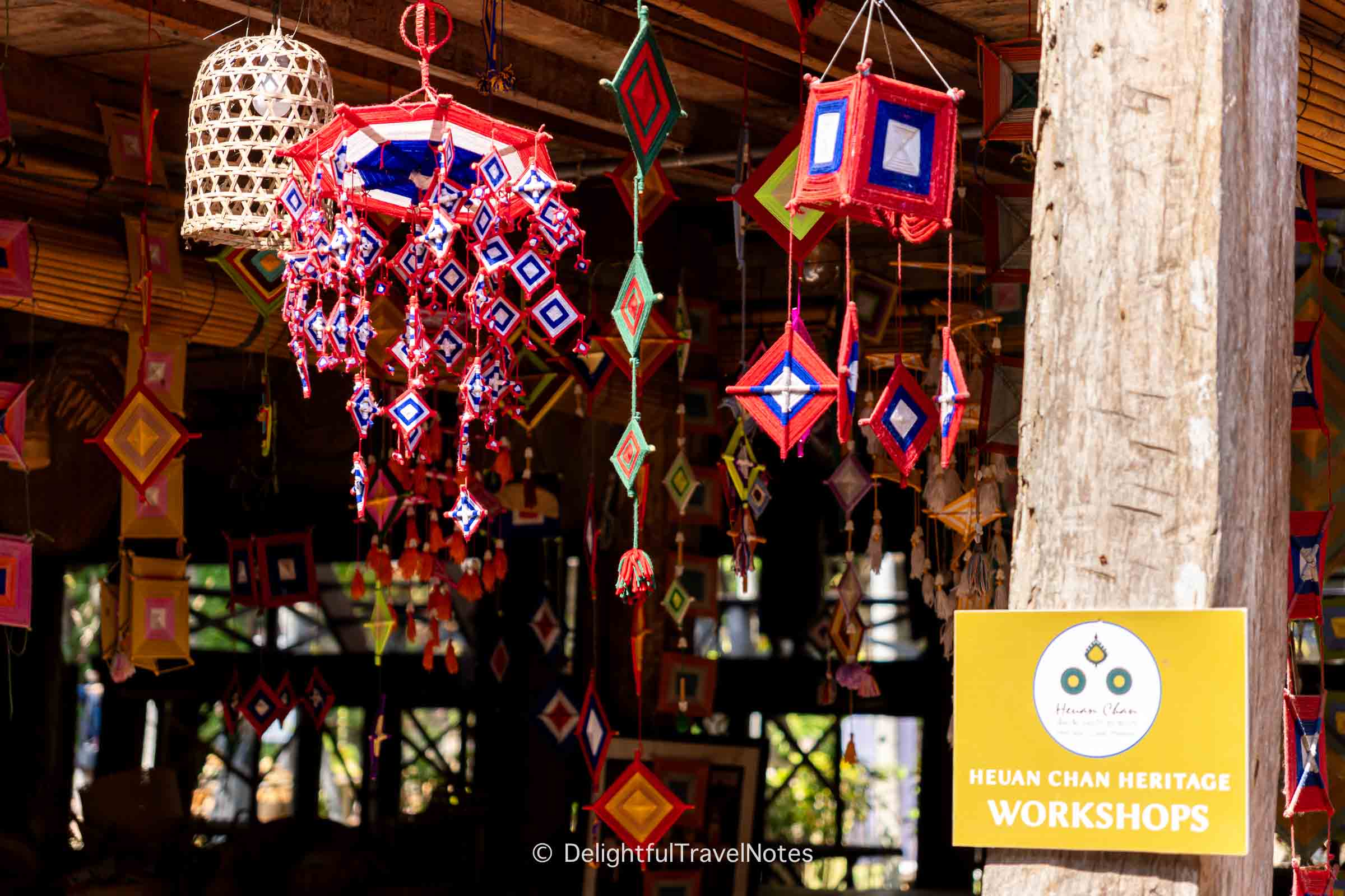 dreamcatchers hanging in a craft workshop at Heuan Chan Heritage House in Luang Prabang.