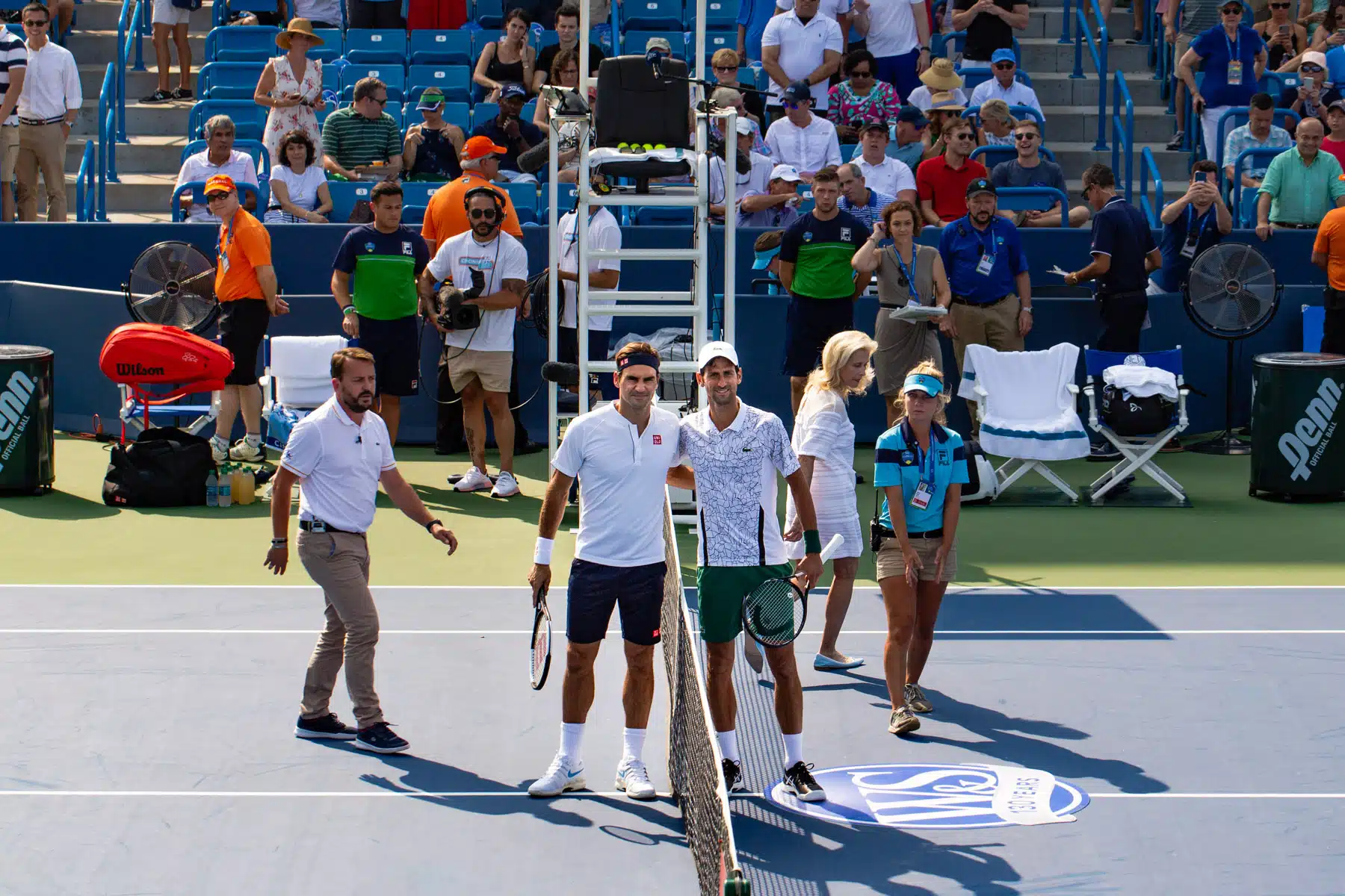 Federer and Djokovic playing Western & Southern Open 2018 men's final.