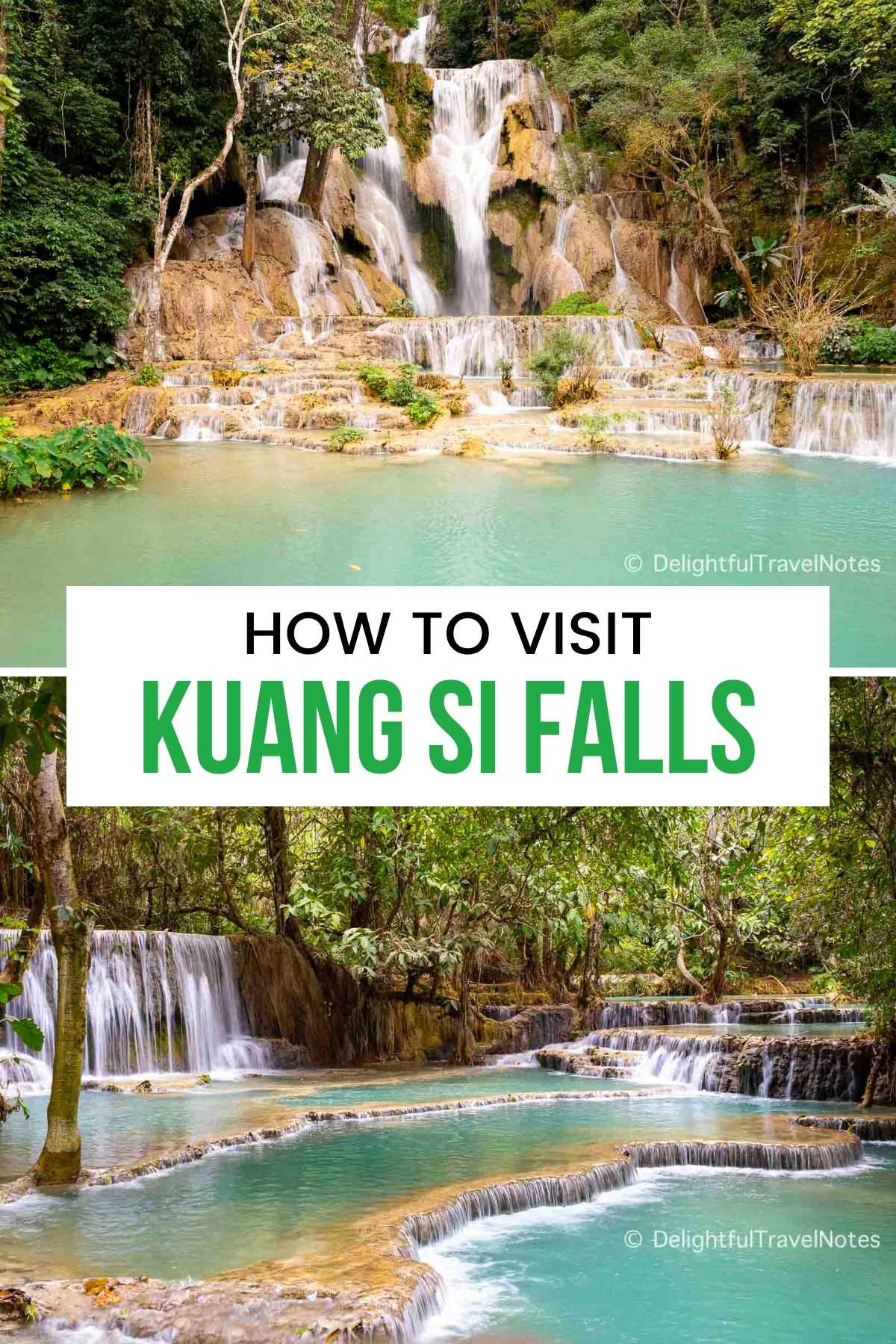 a Pinterest collage of scenery at Kuang Si Falls for this travel guide.