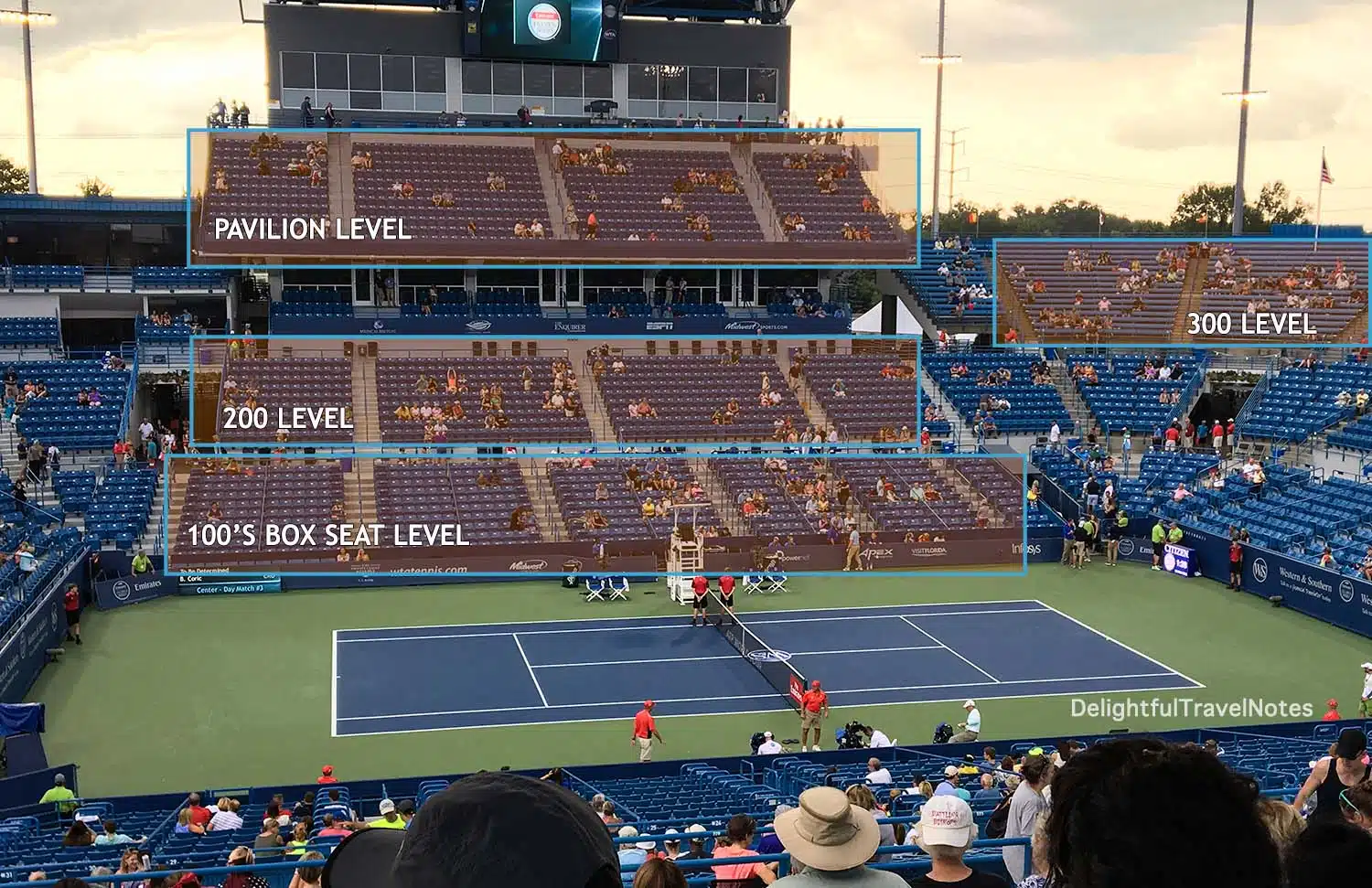 Beautiful sunset in Center Court and view from the 200-level.