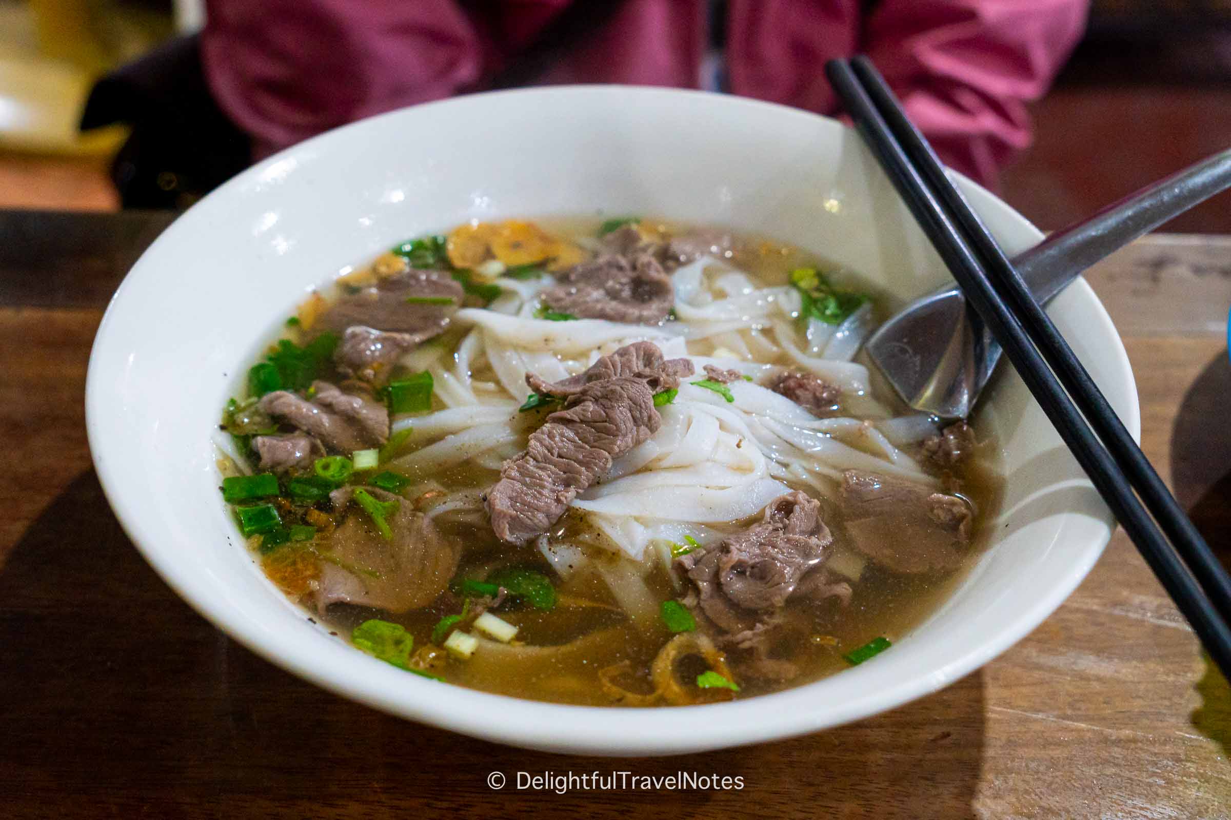 a bowl of Lao beef noodle soup at Nang Tao in Luang Prabang.