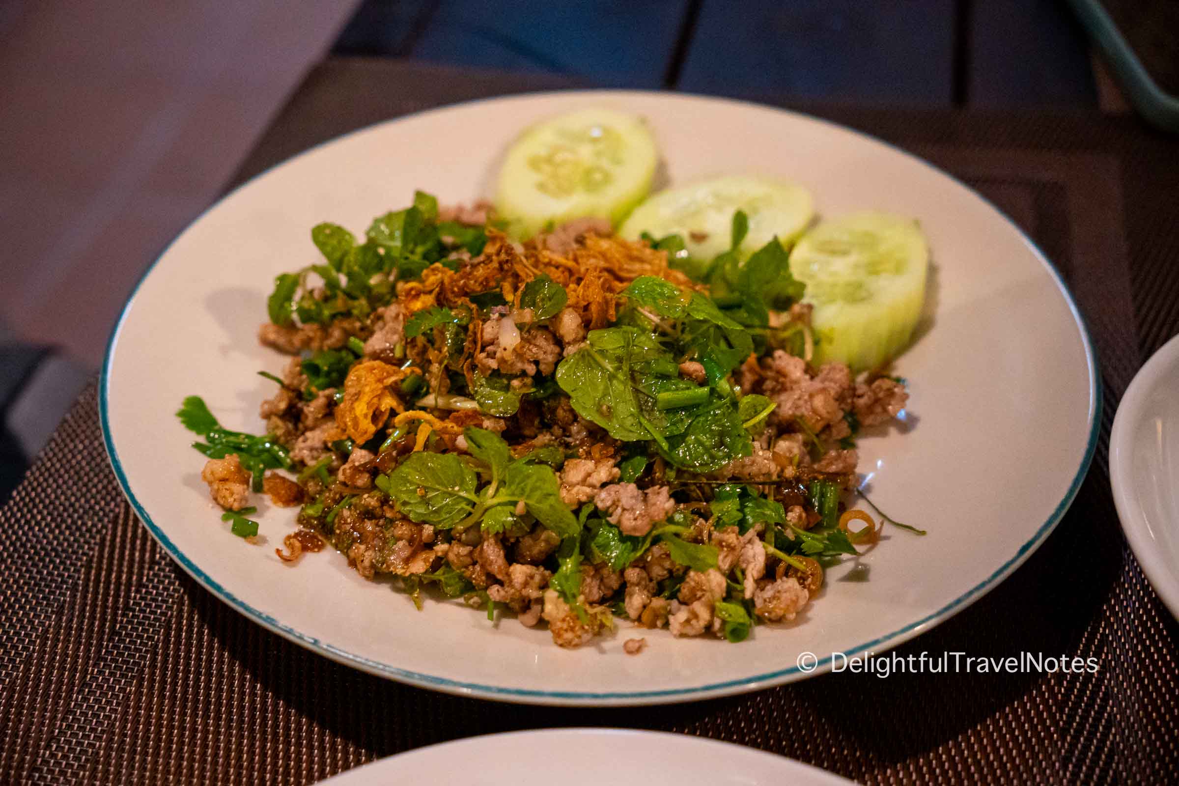 a plate of Larb at Bamboo Garden restaurant in Luang Prabang.