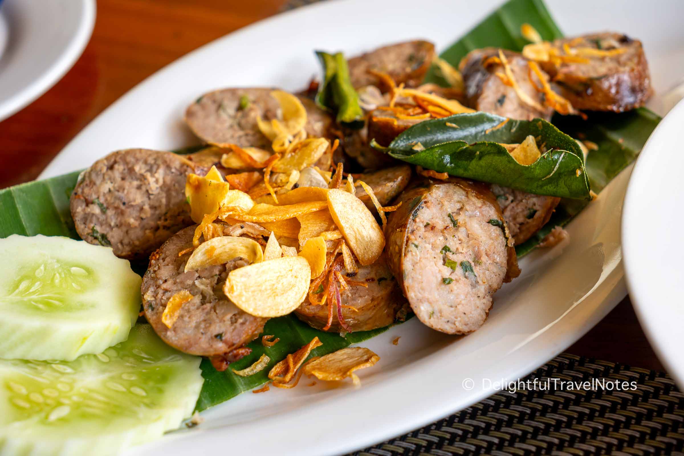 a plate of Luang Prabang sausages at Tamarind restaurant.
