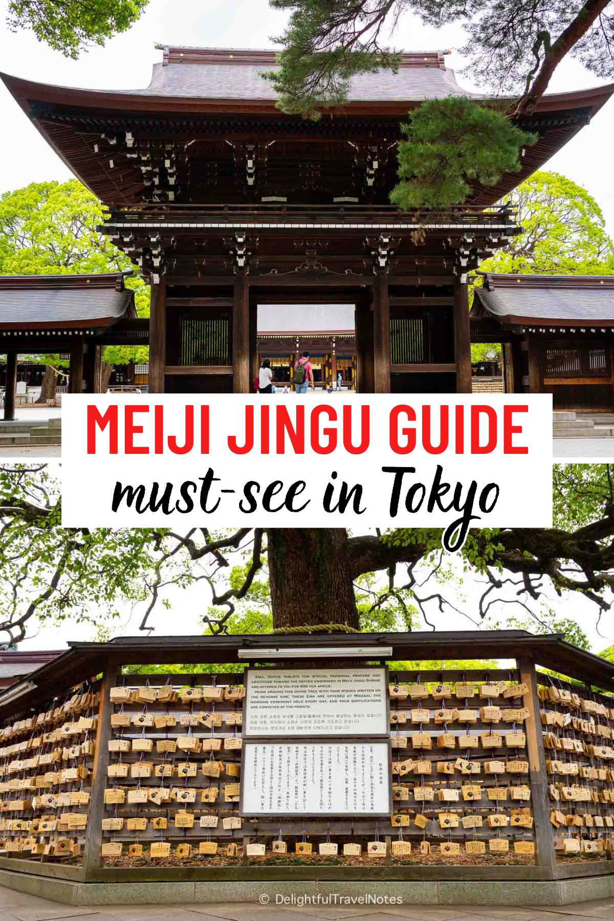 a Pinterest collage of Meiji Jingu Shrine in Tokyo.