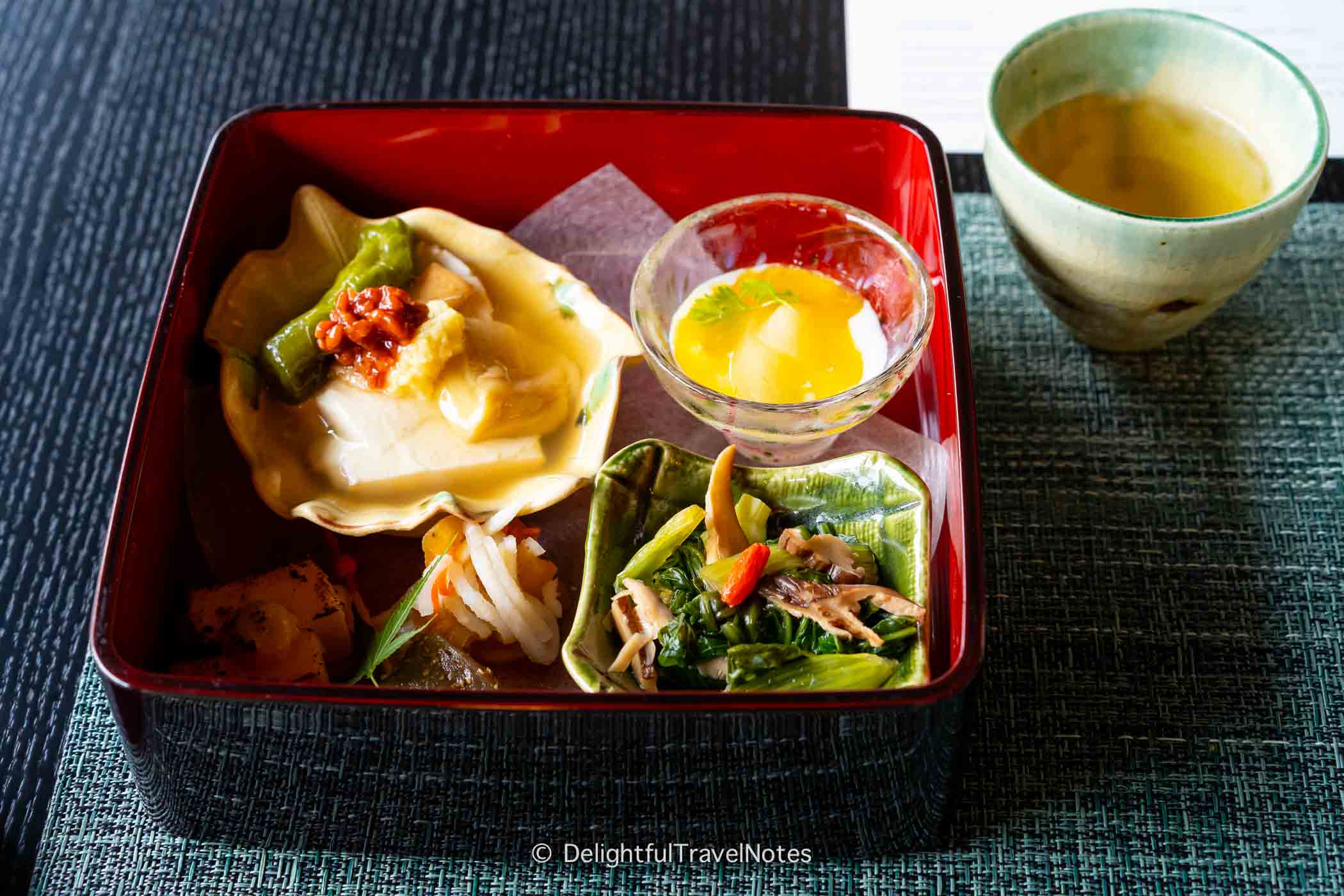 a box of small appetizers in the breakfast meal at Shisui hotel in Nara.