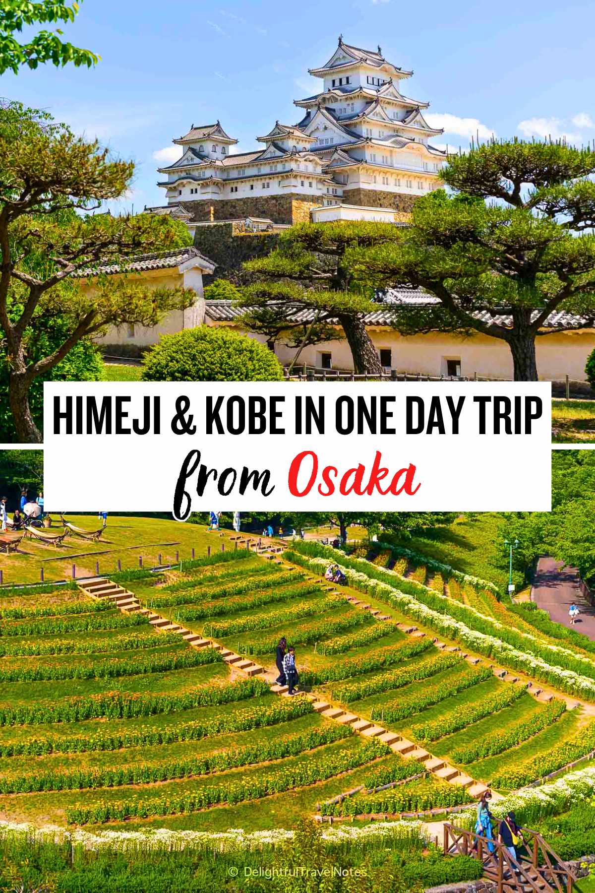 a collage of Himeji castle and flower field at Nunobiki Herb Gardens in Kobe.