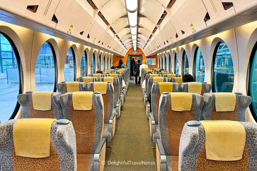 Interior and seating on Nankai Limited Express Rapit from Namba Station in Osaka to Kansai International Airport.