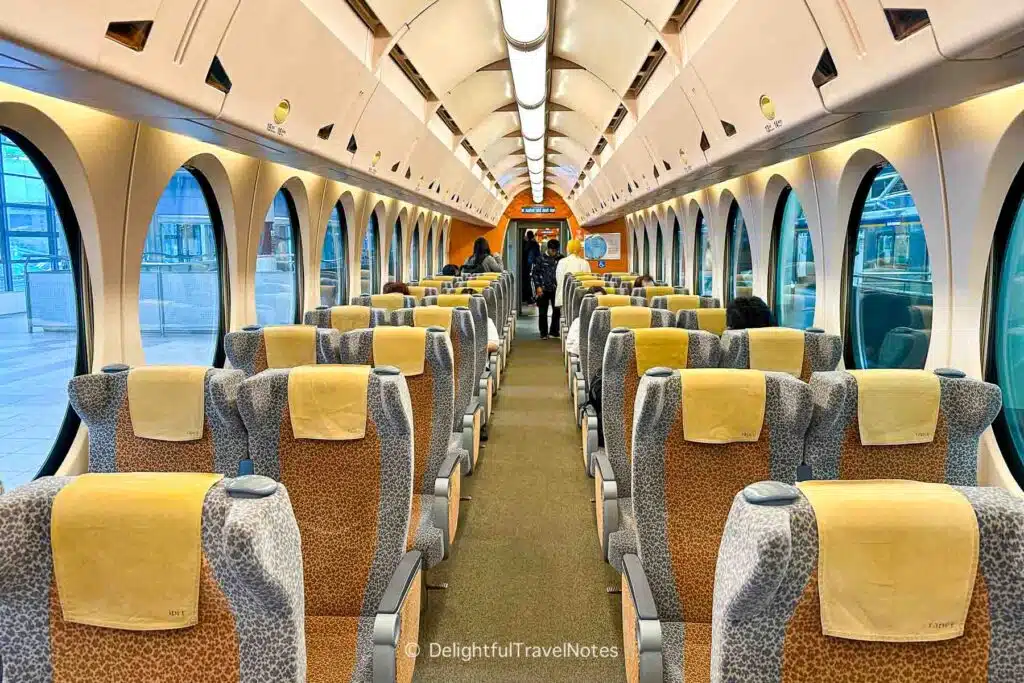 Interior and seating on Nankai Limited Express Rapit from Namba Station in Osaka to Kansai International Airport.