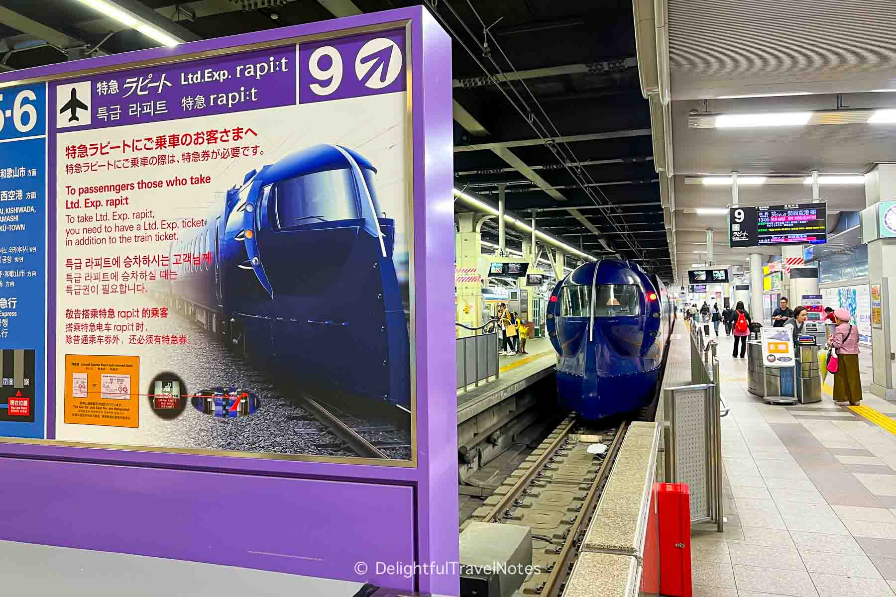 Nankai Limited Express Rapit train waiting on the platform at Nankai Namba Station in Osaka.