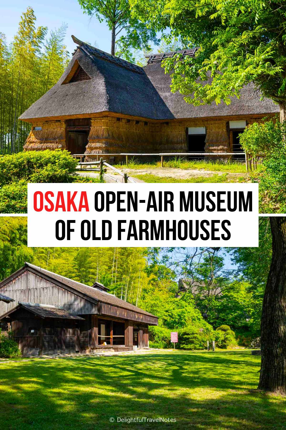 a collage of old farmhouses at the Open-Air Museum in Osaka.