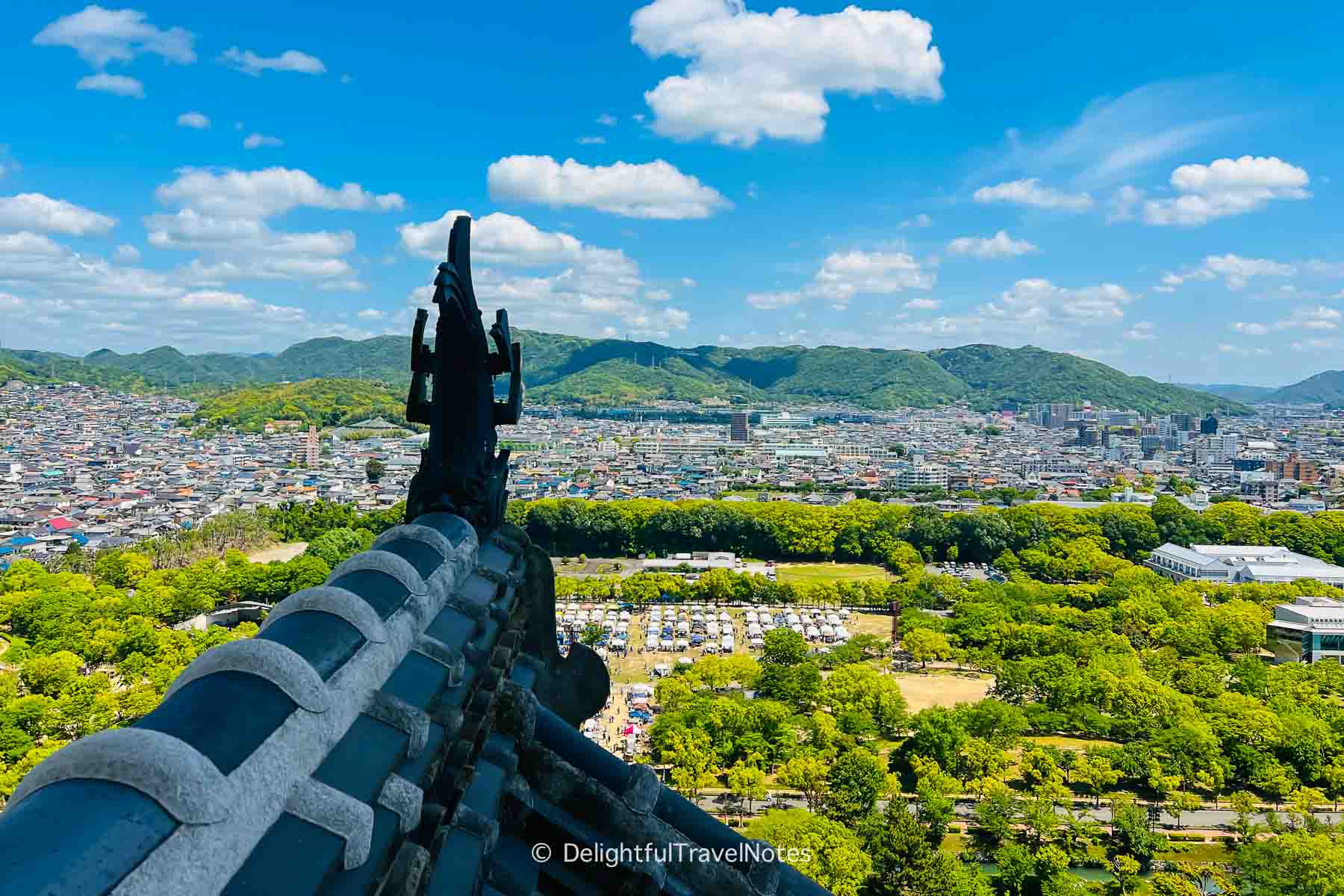 view of Himeji city from the top floor of the castle tower.