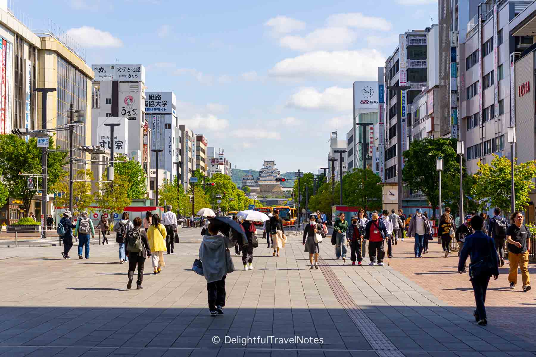 View of the street and Himeji castle outside Himeji station.