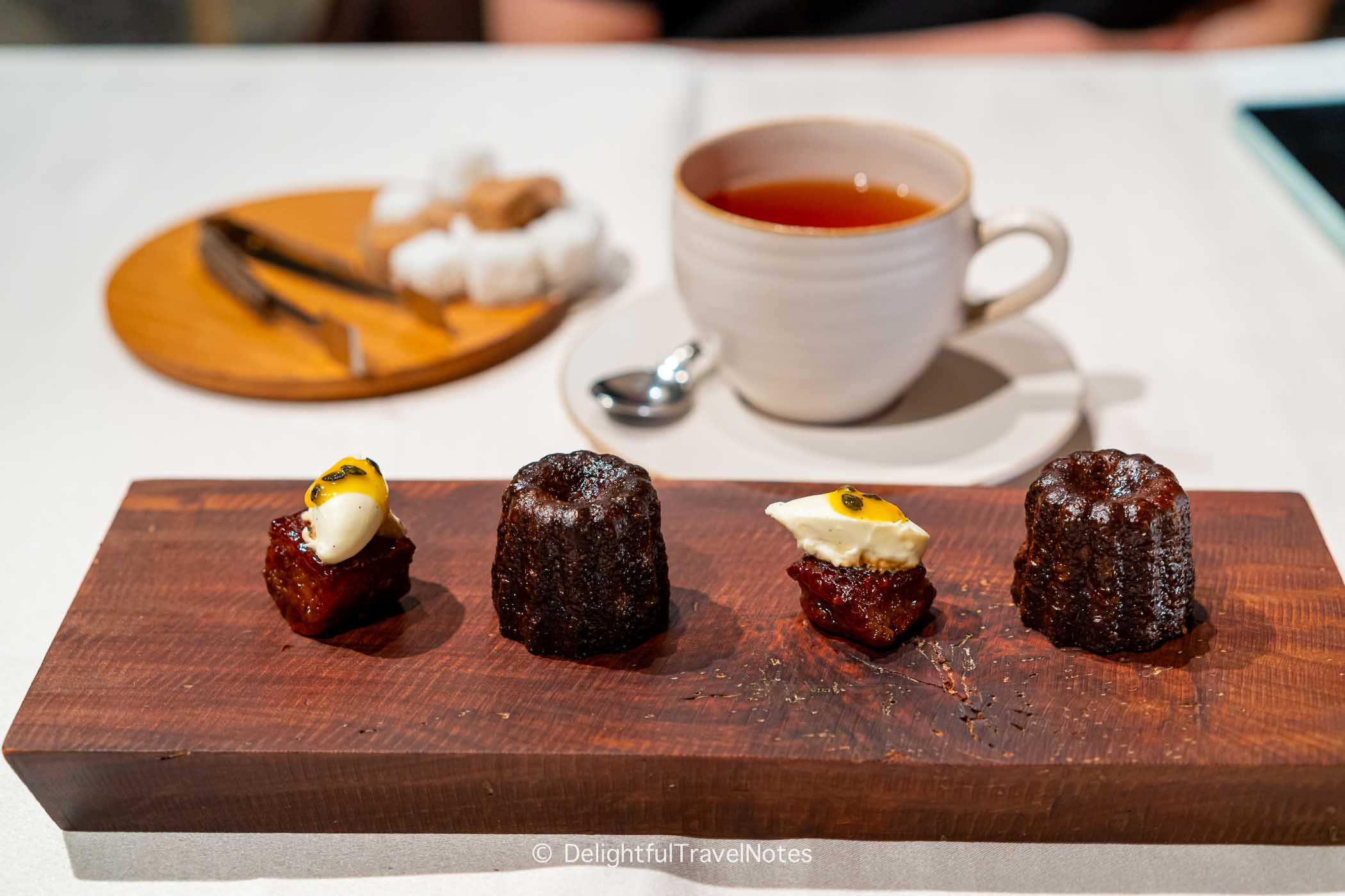 Canele and caramel served with tea at La Terrasse Nara.