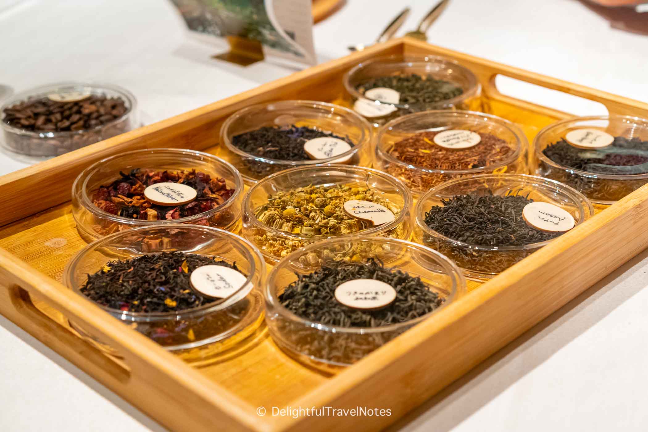 a tray of different teas at La Terrasse.